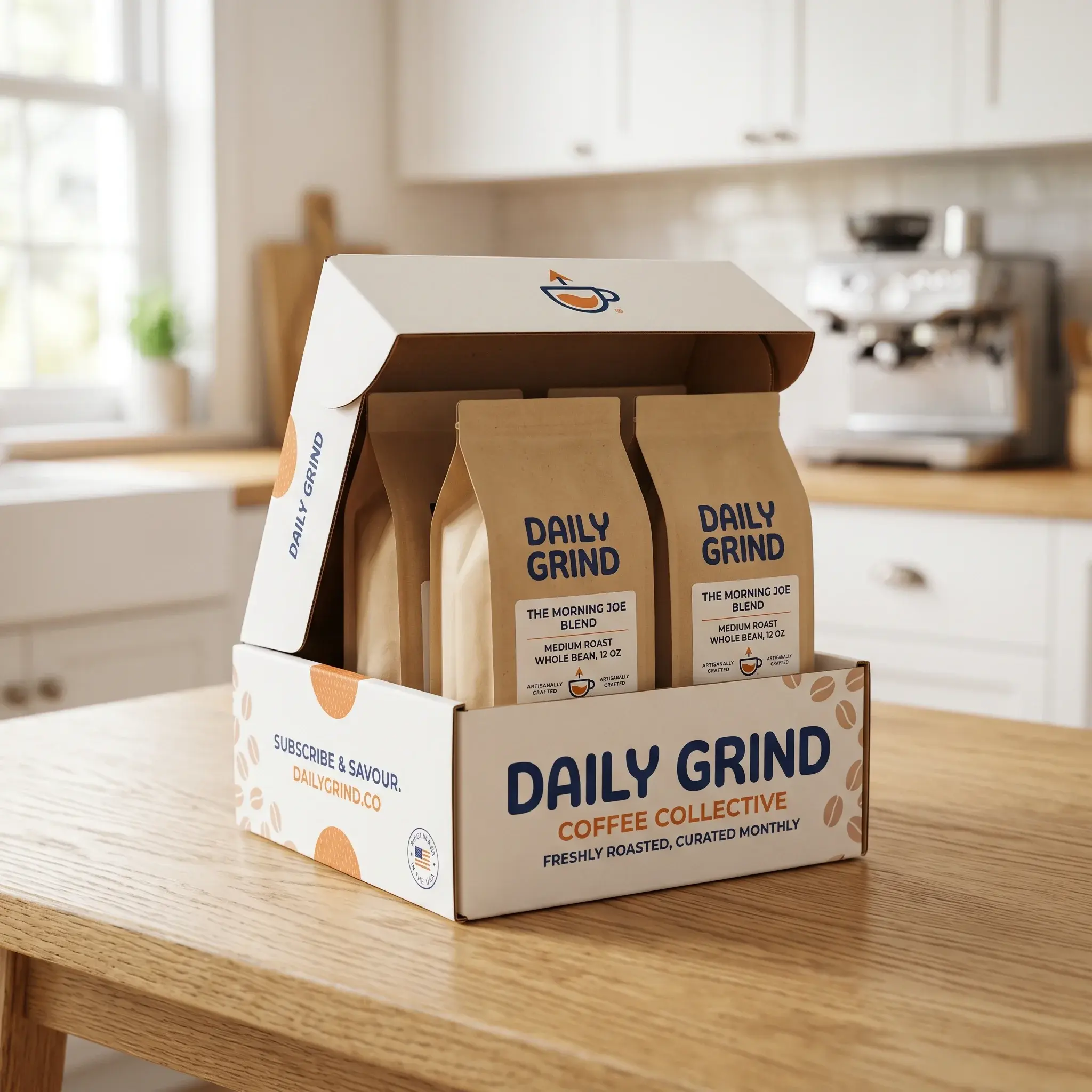 Daily Grind coffee subscription box with brown coffee bags on wooden kitchen counter, white cabinets and espresso machine background