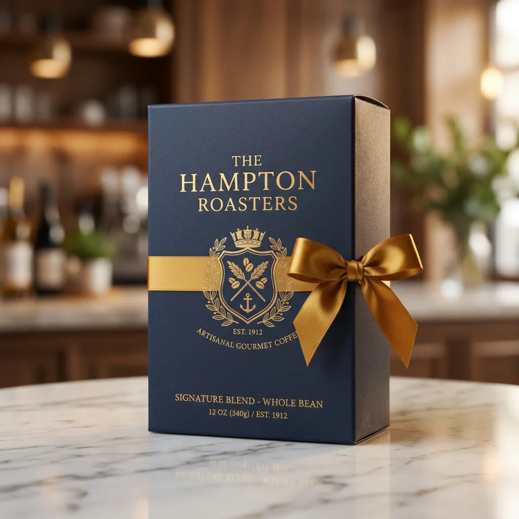 Premium navy blue coffee packaging box with gold ribbon bow and elegant crest logo on marble countertop in upscale kitchen
