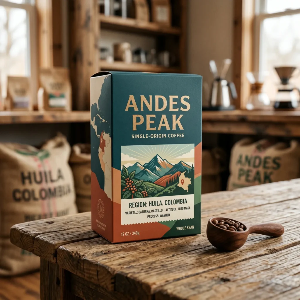 Andes Peak single-origin coffee packaging box on rustic wooden table in warm kitchen setting with coffee beans and burlap sack