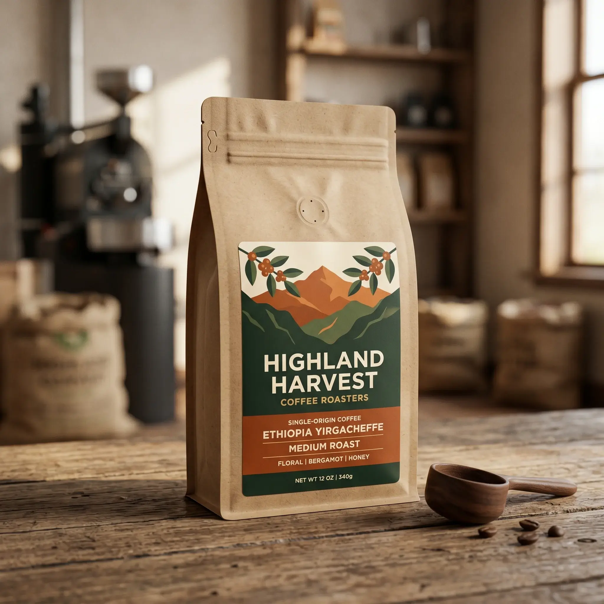 Highland Harvest coffee packaging bag on rustic wooden table with coffee beans and wooden spoon in warm kitchen setting