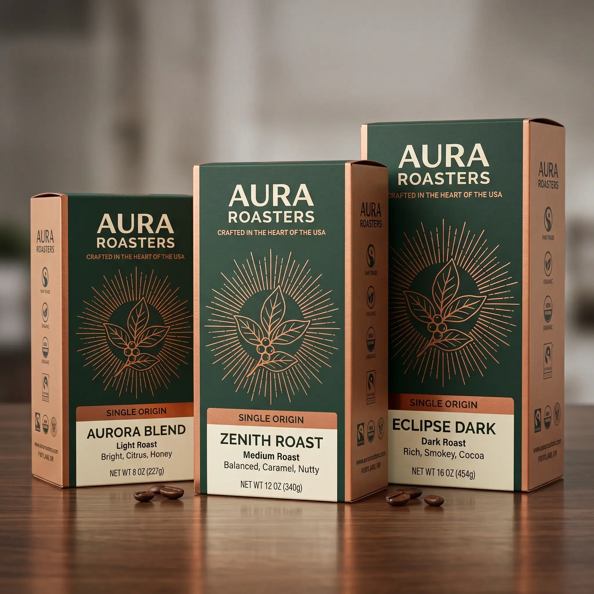 Three Aura Roasters coffee packaging boxes in green and copper design featuring Aurora Blend, Zenith Roast, and Eclipse Dark varieties on wooden su...