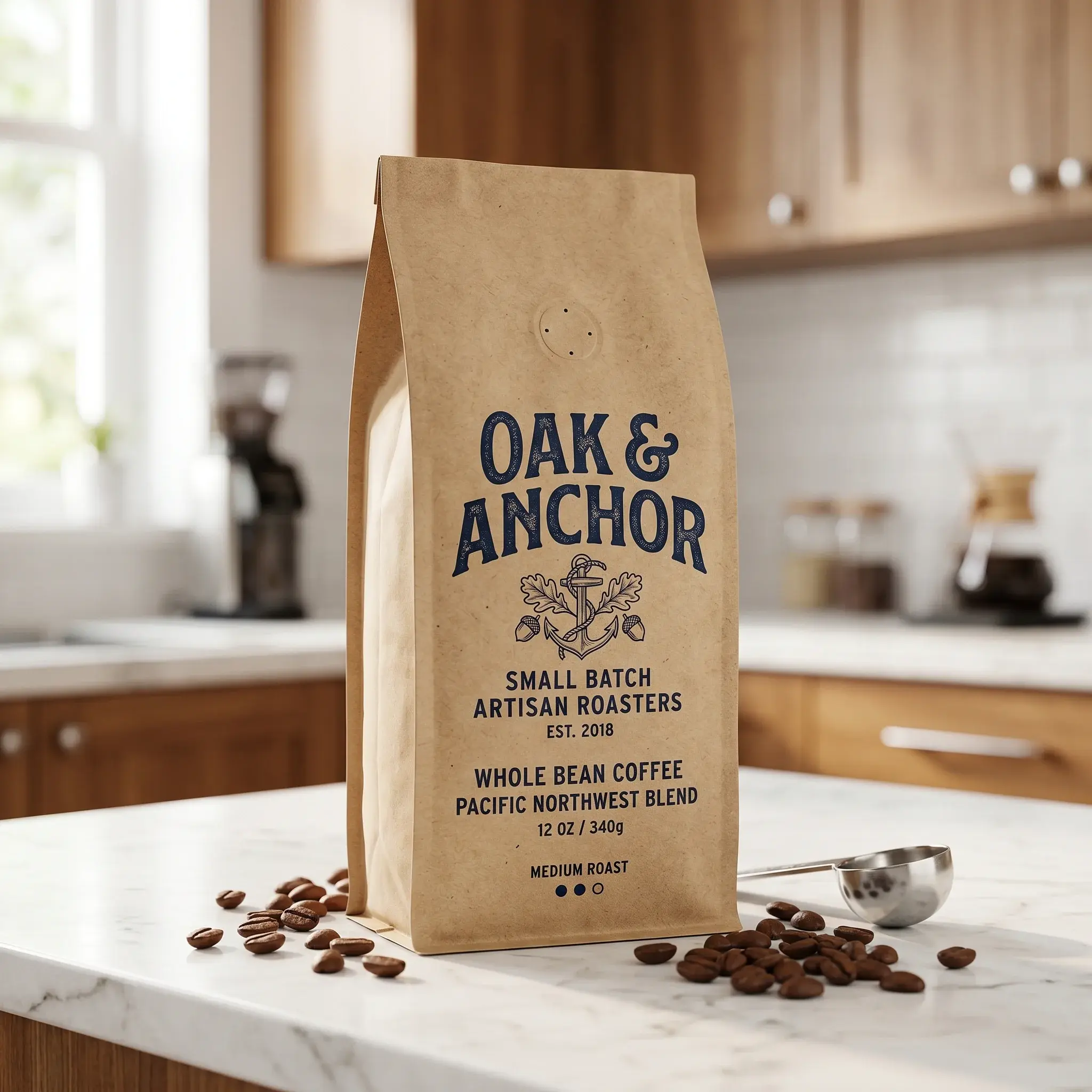 Oak & Anchor coffee packaging bag on white marble counter with scattered coffee beans in warm kitchen setting