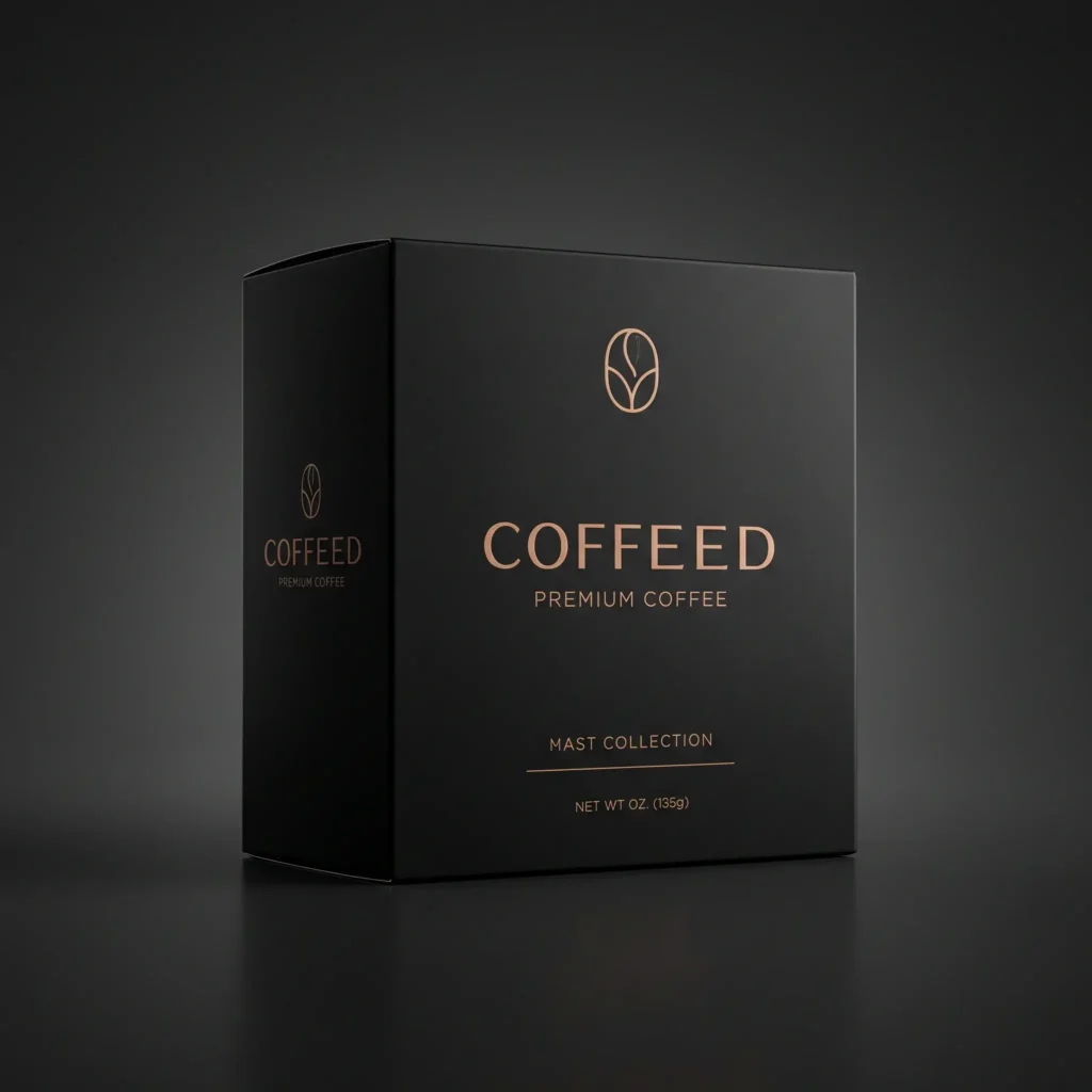 Premium black coffee packaging box with gold COFFEED branding and leaf logo on dark gradient background