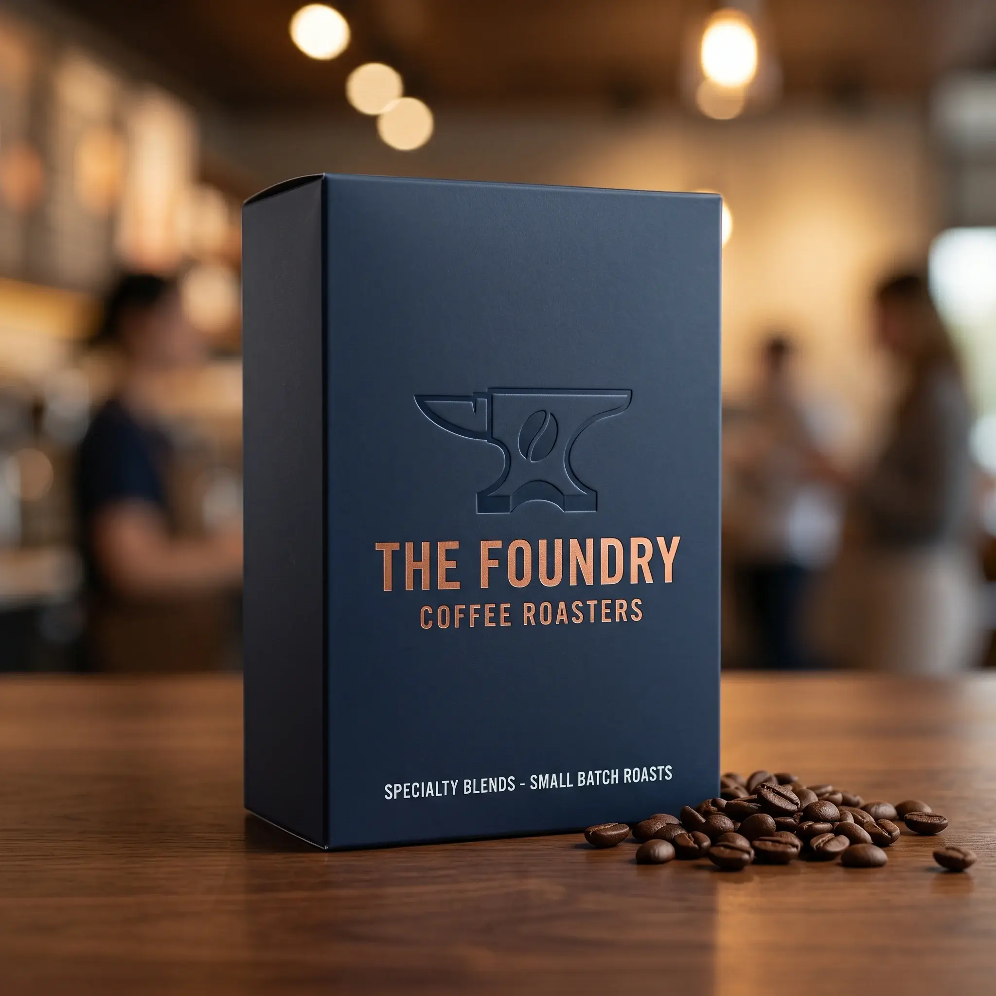 Dark blue coffee packaging box for The Foundry Coffee Roasters with anvil logo on wooden table surrounded by scattered coffee beans in warm cafe se...