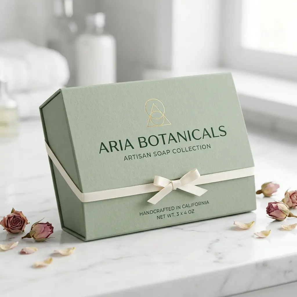 Sage green luxury soap packaging box with white ribbon bow on marble surface surrounded by dried rose petals in spa bathroom
