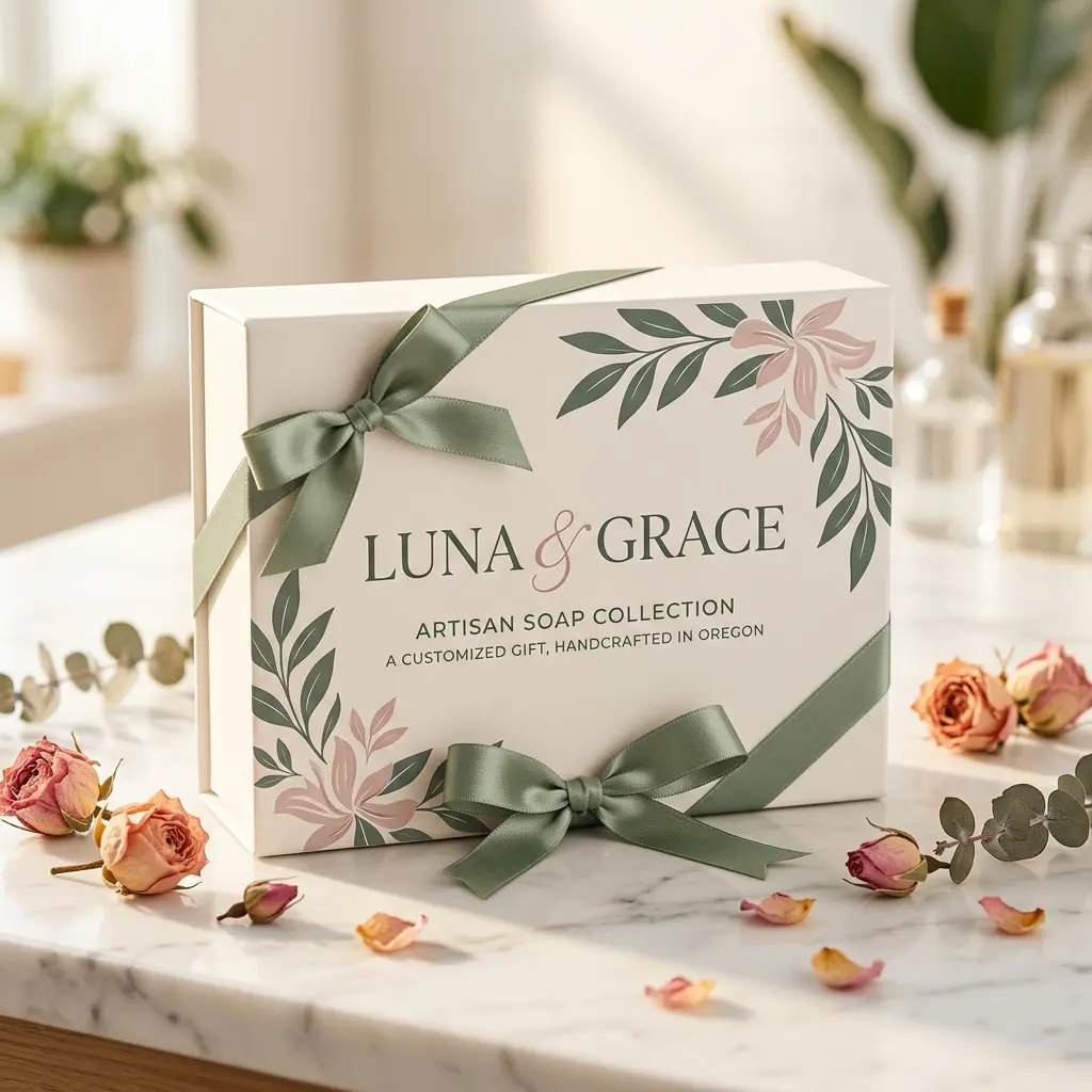 Elegant white gift box with sage green ribbon featuring Luna & Grace artisan soap collection branding surrounded by dried roses on marble surface