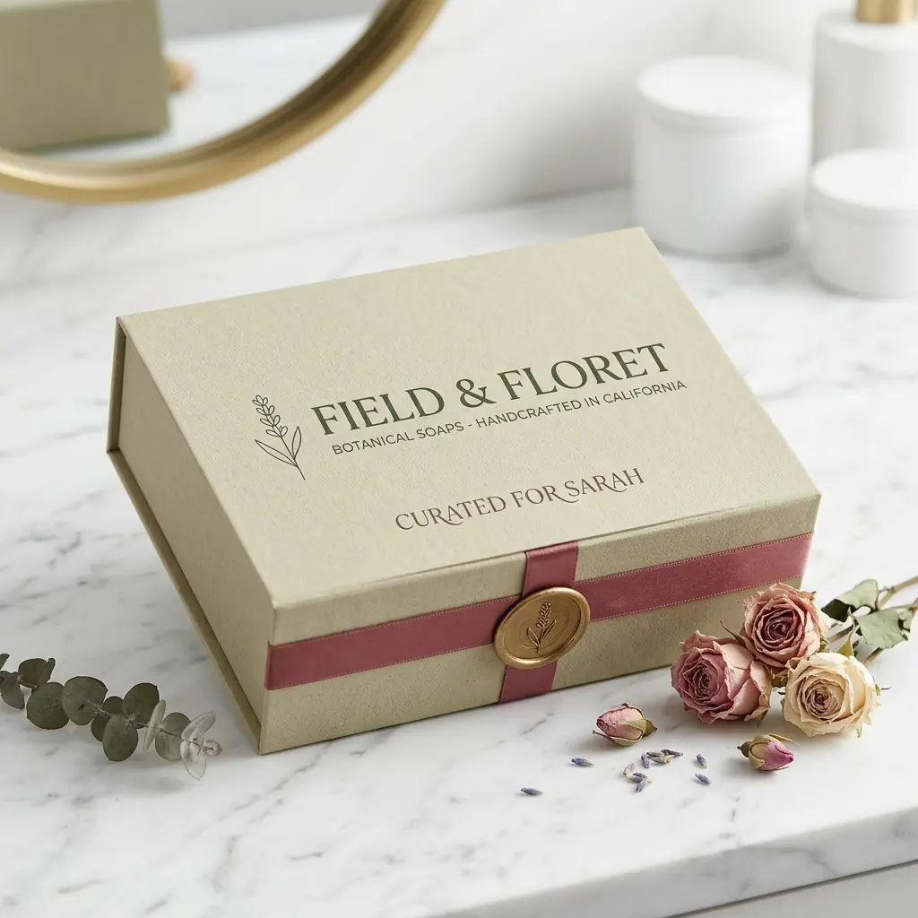 Luxury botanical soap gift box with sage green packaging, burgundy ribbon, gold wax seal, dried roses and eucalyptus on marble