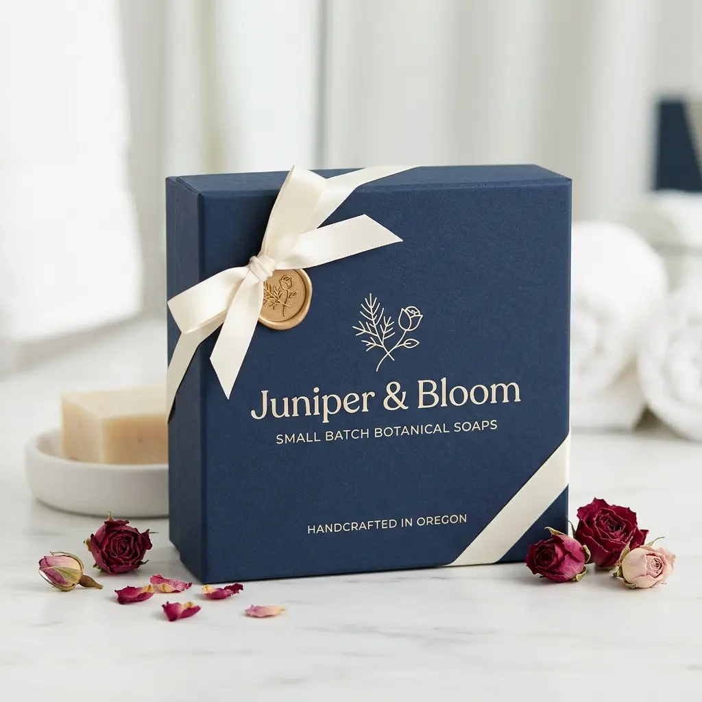 Navy blue luxury soap gift box with cream ribbon and wooden seal, surrounded by dried roses on white marble surface