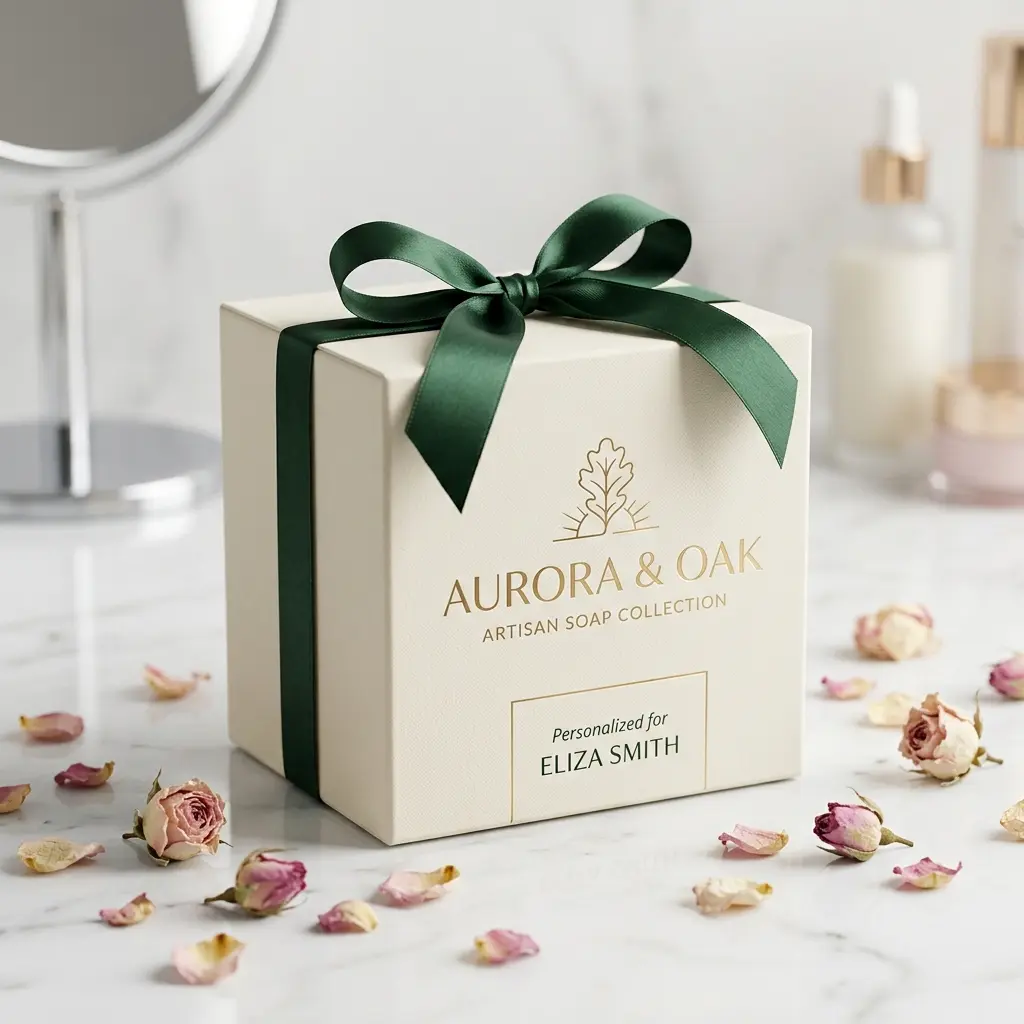Luxury cream gift box with green satin ribbon, Aurora & Oak artisan soap collection personalized for Eliza Smith, surrounded by dried rose petals