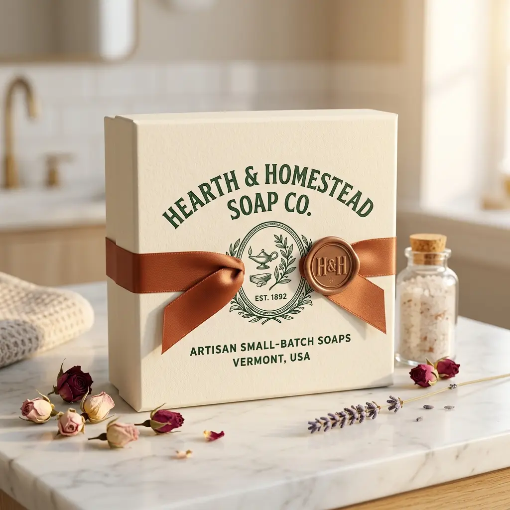 Artisan soap packaging box with copper ribbon and wax seal surrounded by dried roses and lavender on marble surface