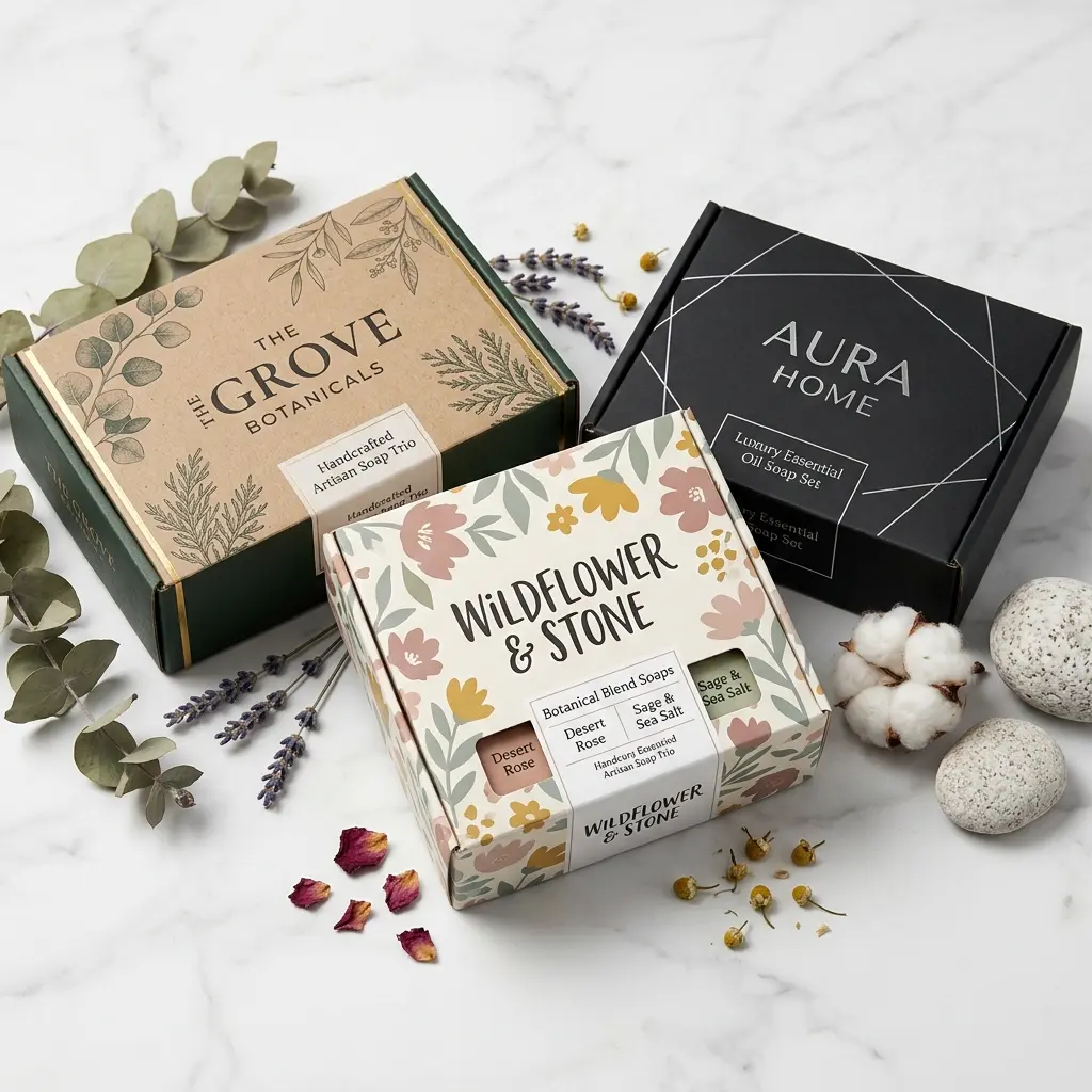 Three luxury soap packaging boxes - The Grove Botanicals, Wildflower & Stone, and Aura Home - displayed with eucalyptus, lavender, cotton flowers o...