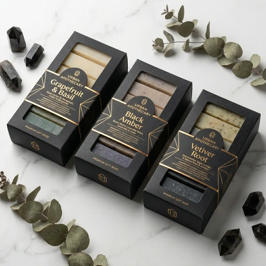 Three luxury black soap gift boxes with gold geometric labels showing Grapefruit & Basil, Black Amber, and Vetiver Root scents on white marble with...