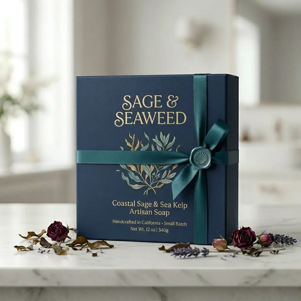 Luxury sage seaweed artisan soap gift box with teal ribbon on white surface surrounded by dried roses and lavender