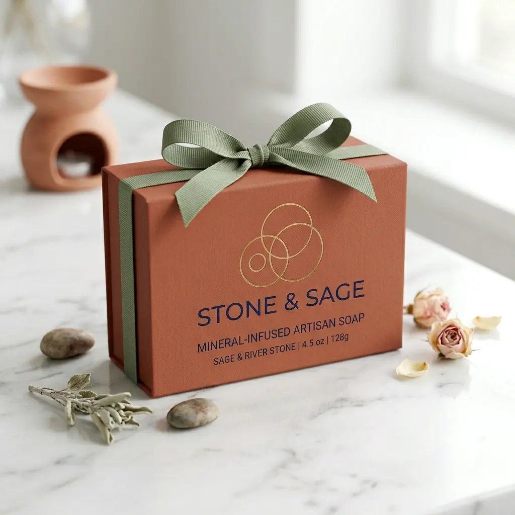 Luxury artisan soap packaging box in terracotta with sage green ribbon bow on marble surface with dried flowers and stones