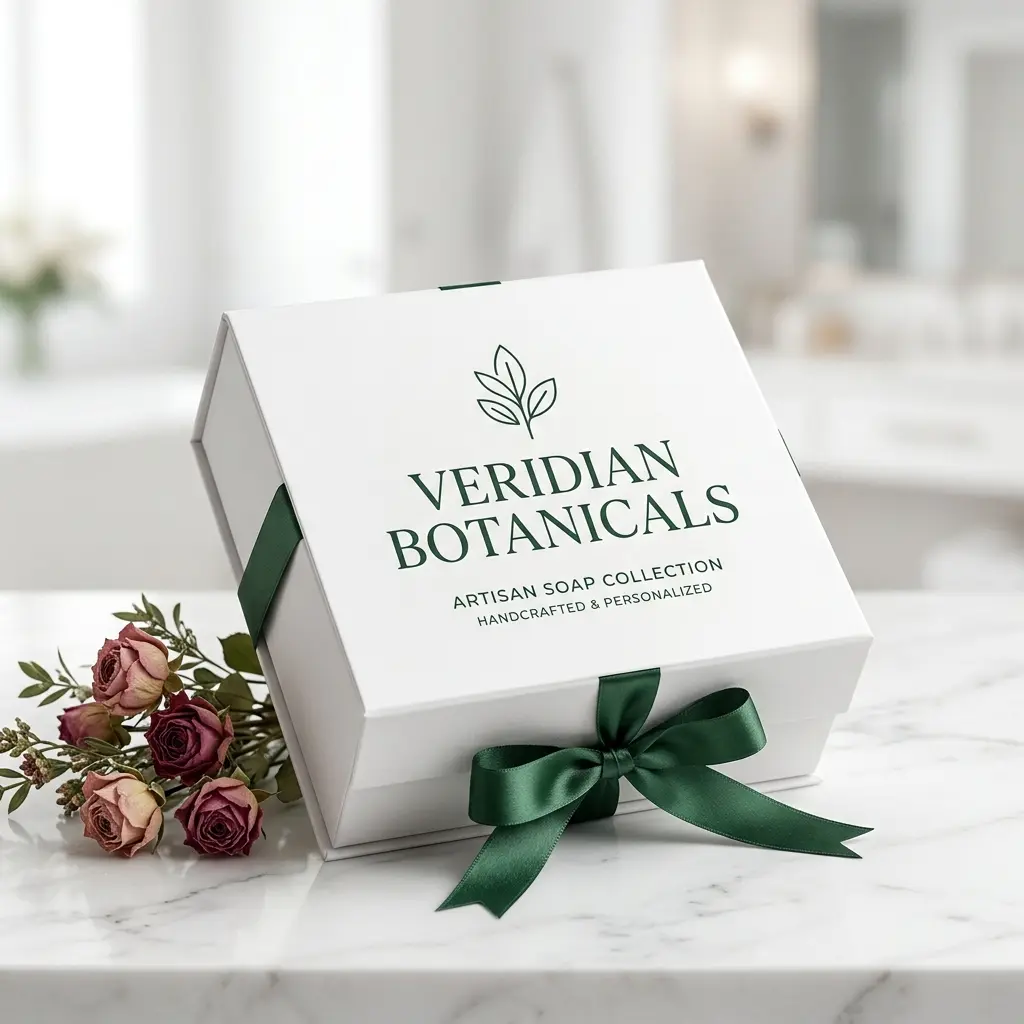White luxury soap packaging box with green ribbon and botanical logo next to dried roses on marble surface - custom artisan cosmetic boxes