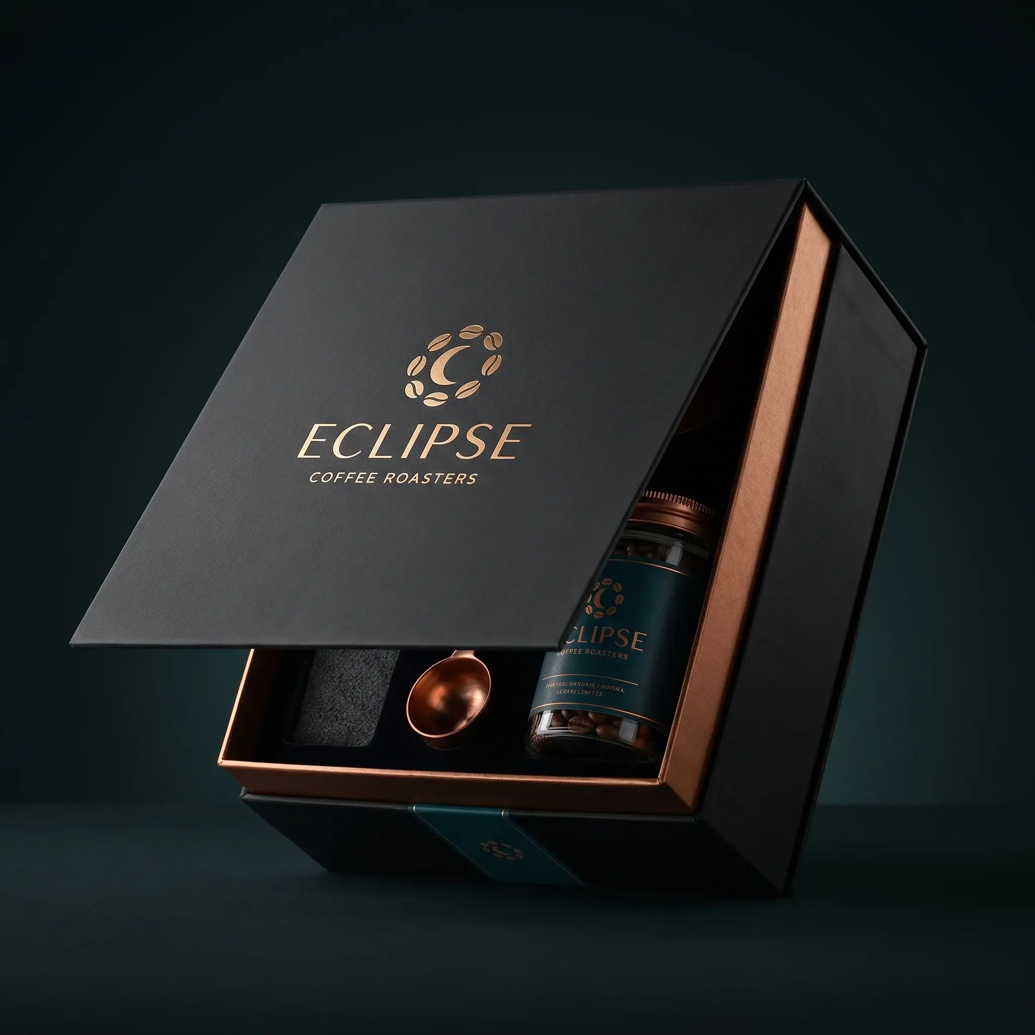 Luxury Eclipse Coffee Roasters gift box packaging with copper accents, coffee tube, and spoon on dark teal background