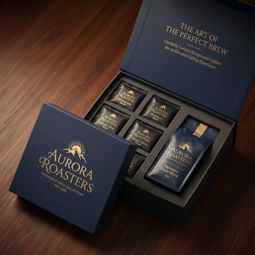 Luxury Aurora Roasters coffee gift box with premium packaging design featuring navy blue box and gold lettering on wooden surface