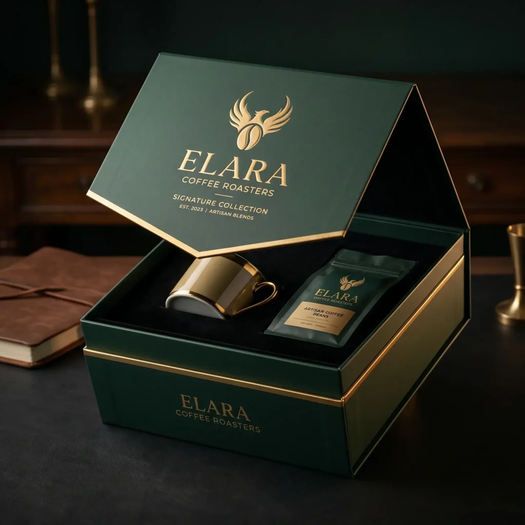 Luxury green coffee gift box with gold accents featuring ELARA Coffee Roasters signature collection, coffee cup and artisan beans package