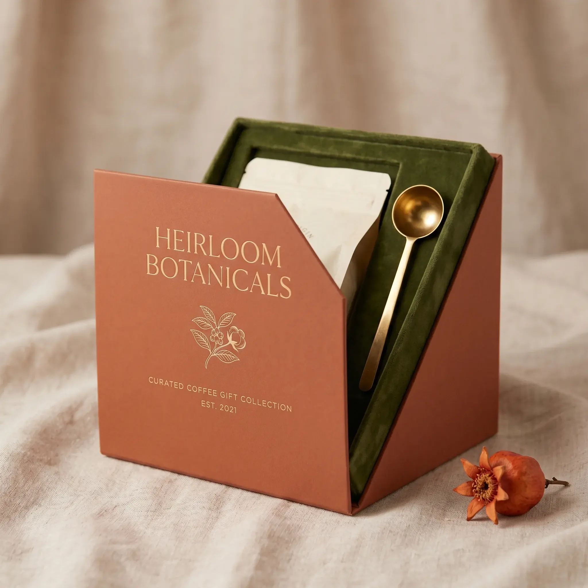 Luxury coral coffee gift box with green velvet interior, gold spoon and white packet - Heirloom Botanicals packaging design