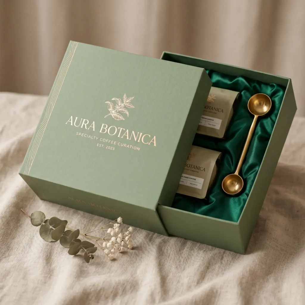 Premium sage green coffee gift box with gold foil Aura Botanica branding, emerald silk lining, two coffee pouches and brass measuring spoons on lin...