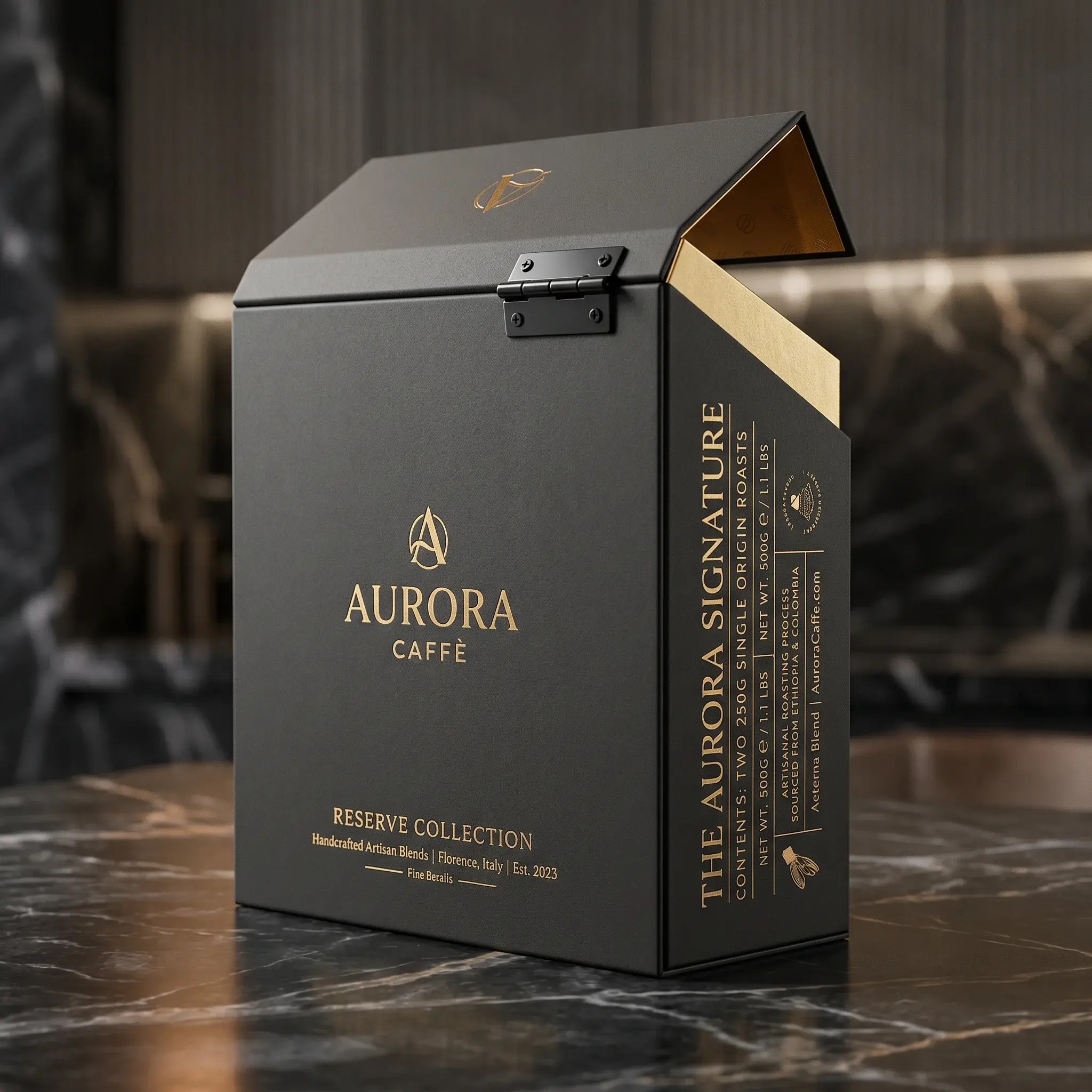 Premium black coffee packaging box with gold Aurora Caffe branding and hinged lid design on marble surface