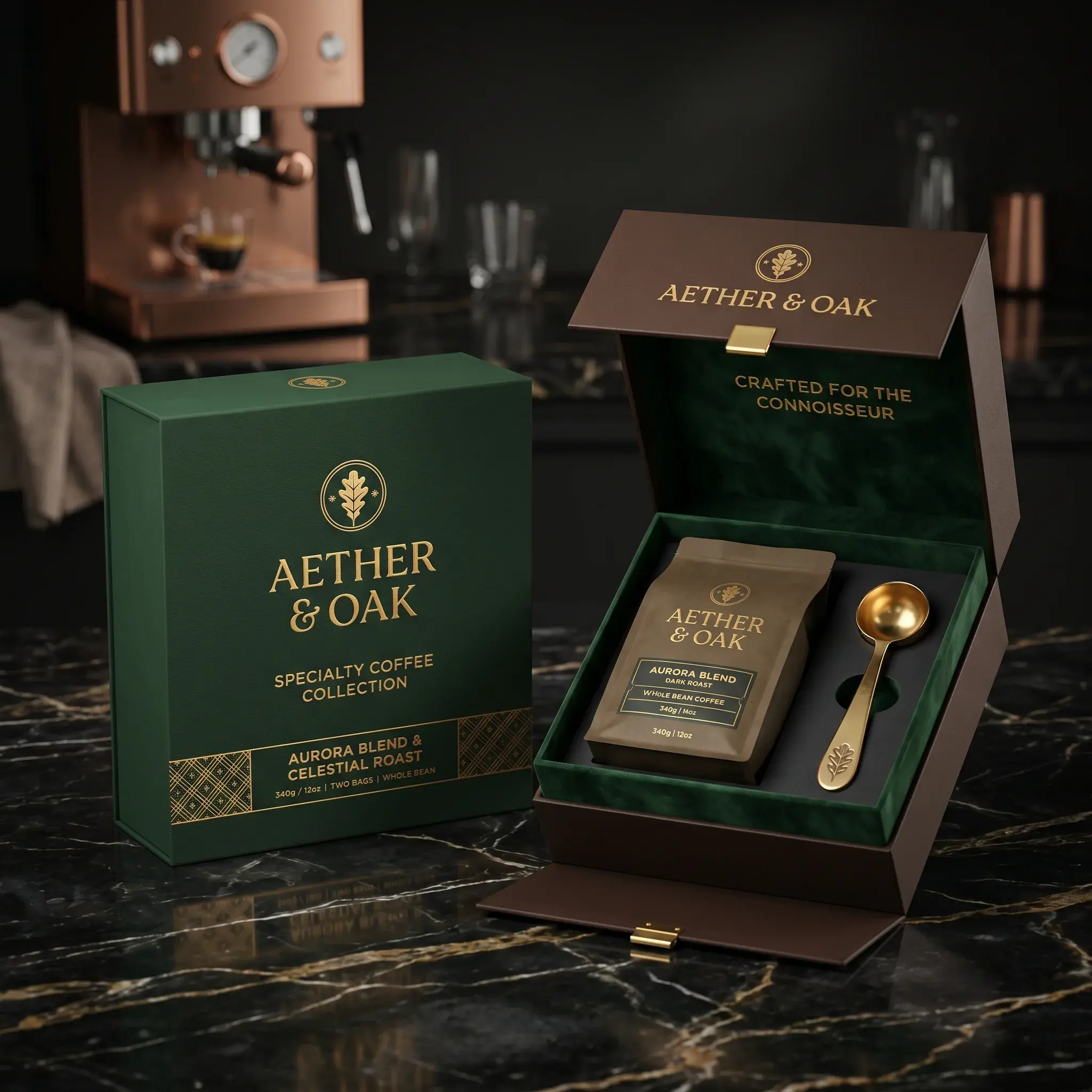 Luxury Aether & Oak coffee packaging design with emerald green boxes, gold accents, and premium gift set on marble surface