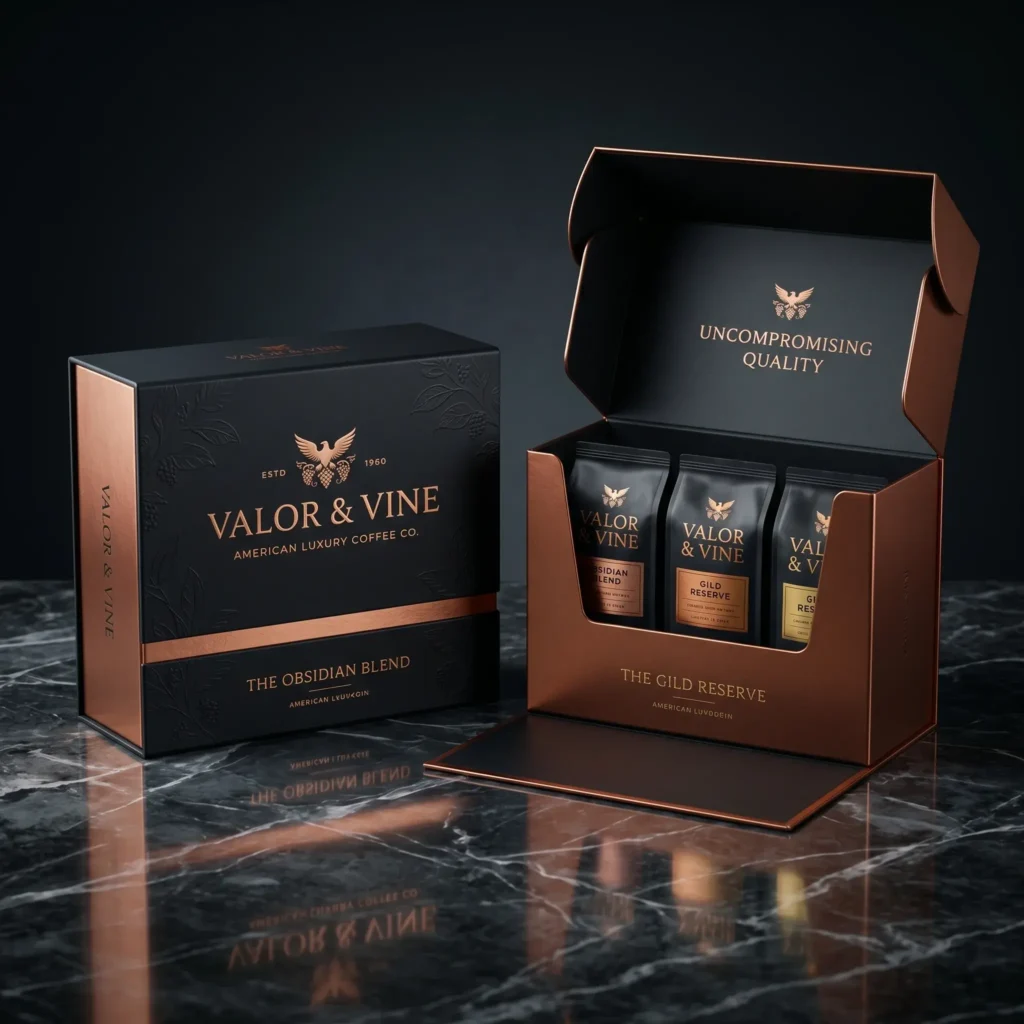 Luxurious black and copper Valor & Vine coffee packaging boxes on marble surface showcasing premium coffee branding design