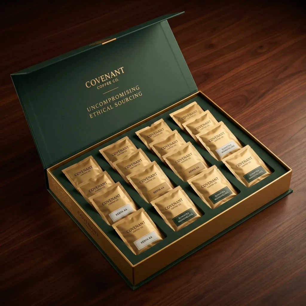 Premium green and gold Covenant Coffee gift box containing ethically sourced coffee packets arranged in elegant luxury packaging