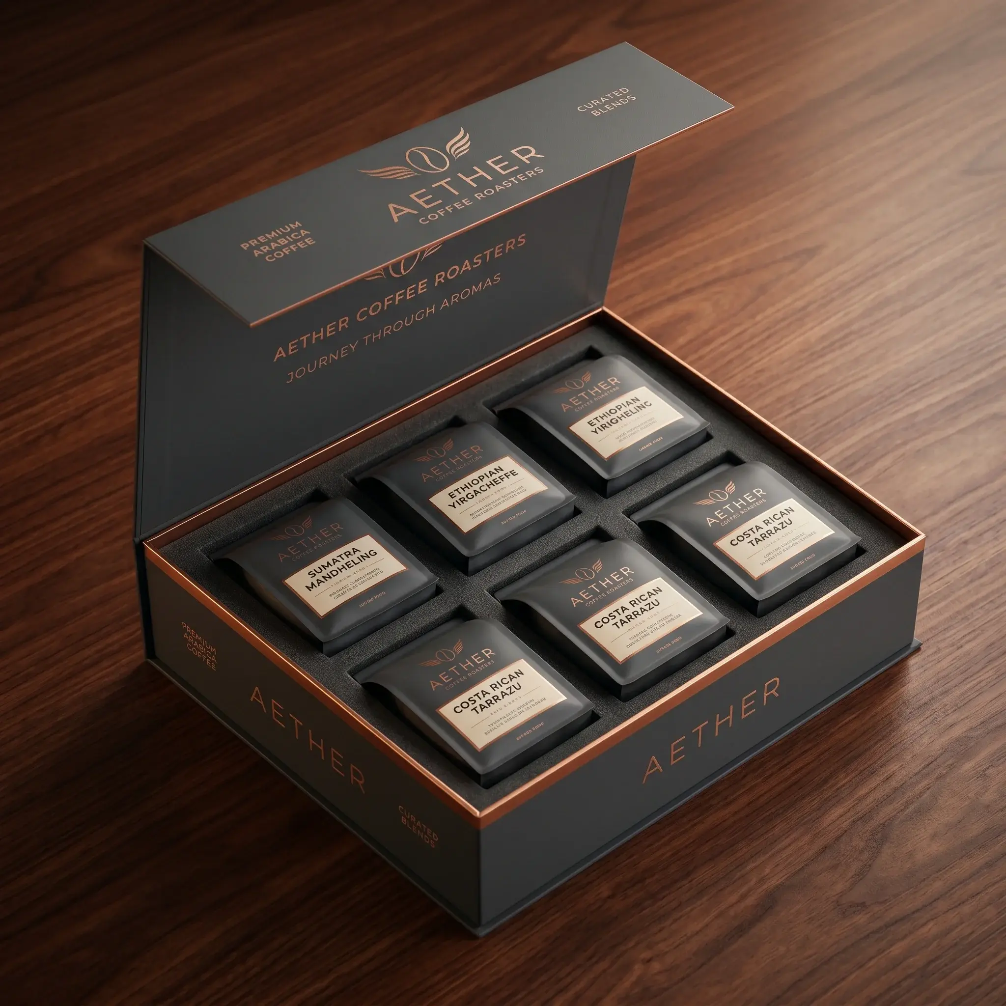 Premium Aether coffee roasters gift box with six individual coffee packages in elegant gray packaging with copper accents on wooden surface