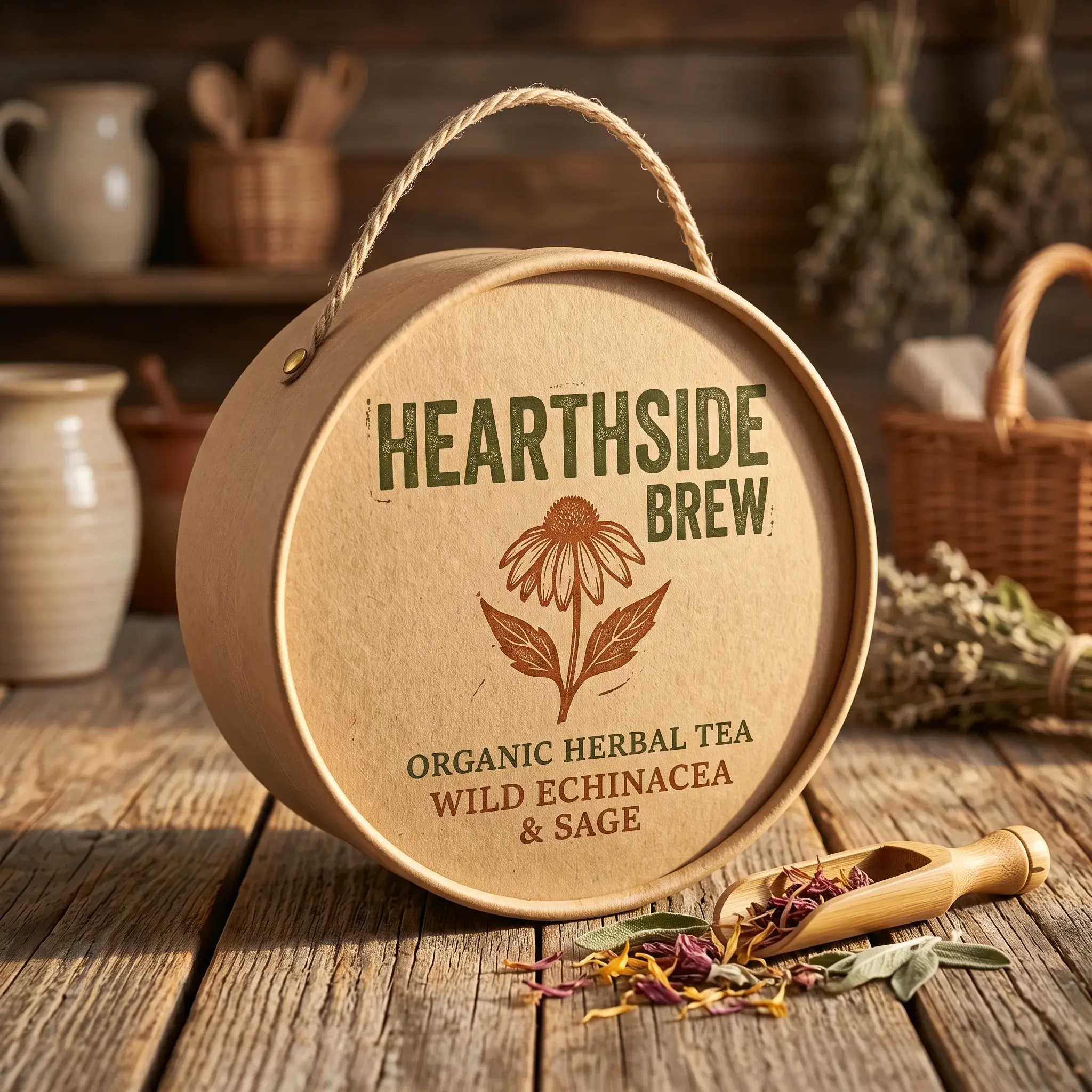 Rustic wooden tea packaging with rope handle displaying Hearthside Brew organic herbal tea branding on weathered wood table