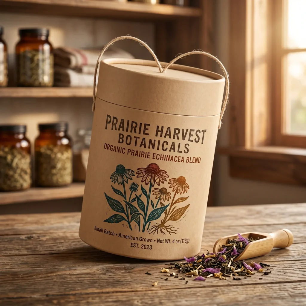 Prairie Harvest Botanicals organic echinacea blend in eco-friendly kraft paper packaging with rope handles on rustic wooden kitchen counter