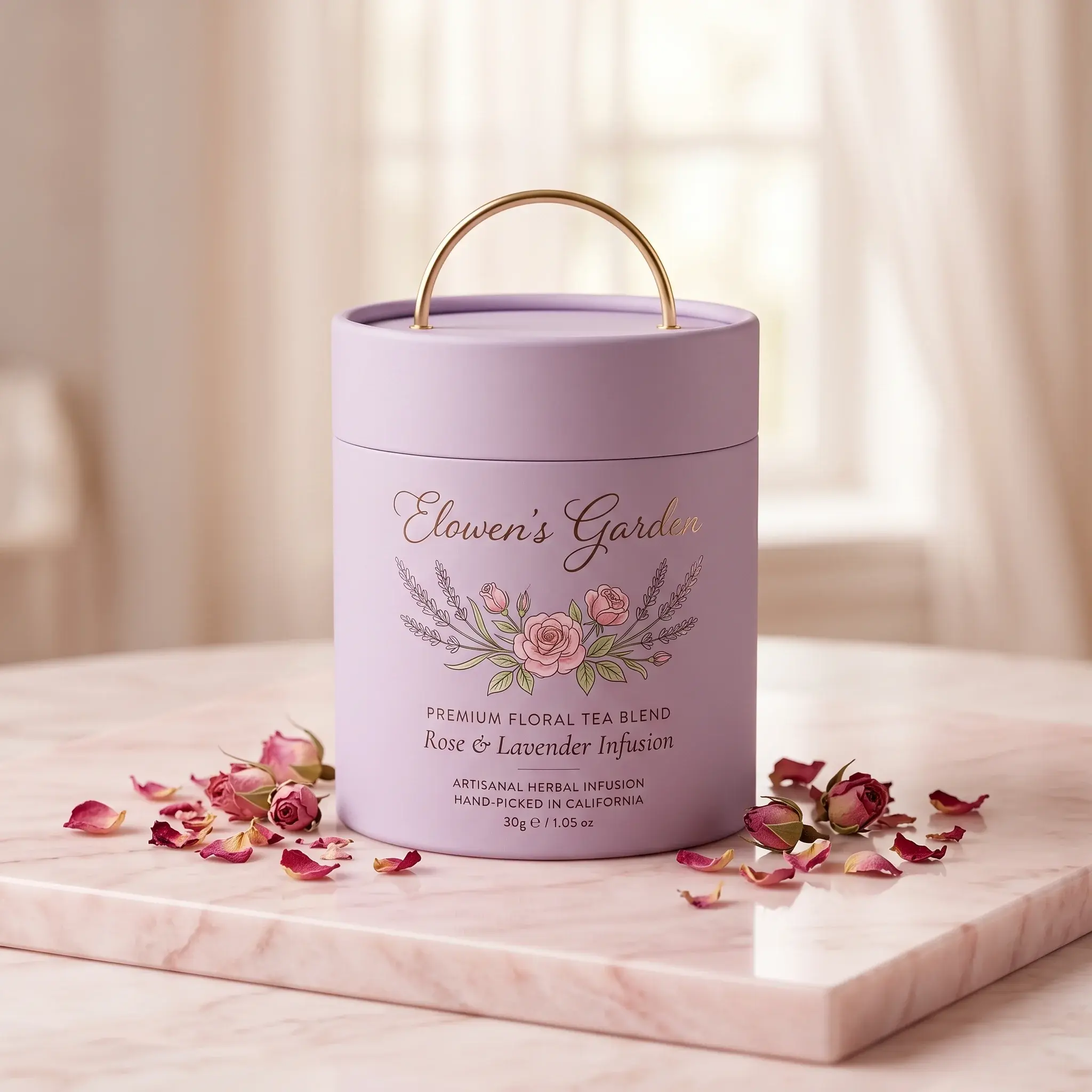 Premium lavender tea packaging cylinder with rose gold handle and floral branding, surrounded by dried rose petals on marble surface