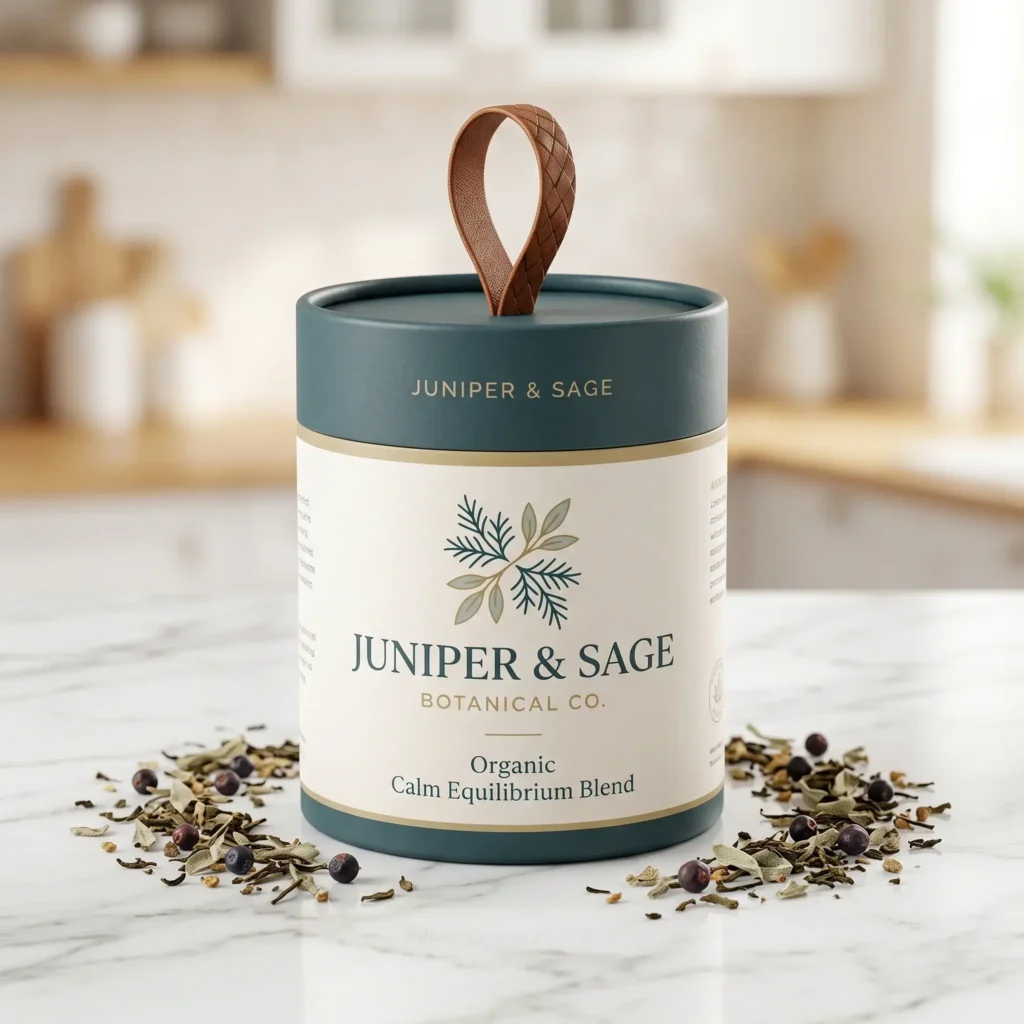 Juniper & Sage Botanical Co organic tea blend in elegant teal packaging with leather handle on marble surface with scattered herbs