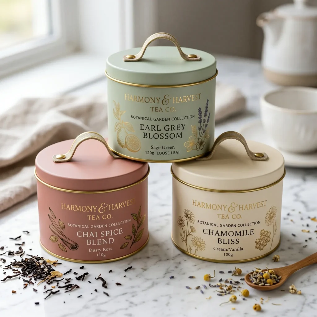 Three elegant tea tins from Harmony & Harvest Tea Co. featuring Earl Grey Blossom, Chai Spice Blend, and Chamomile Bliss with gold accents on marbl...