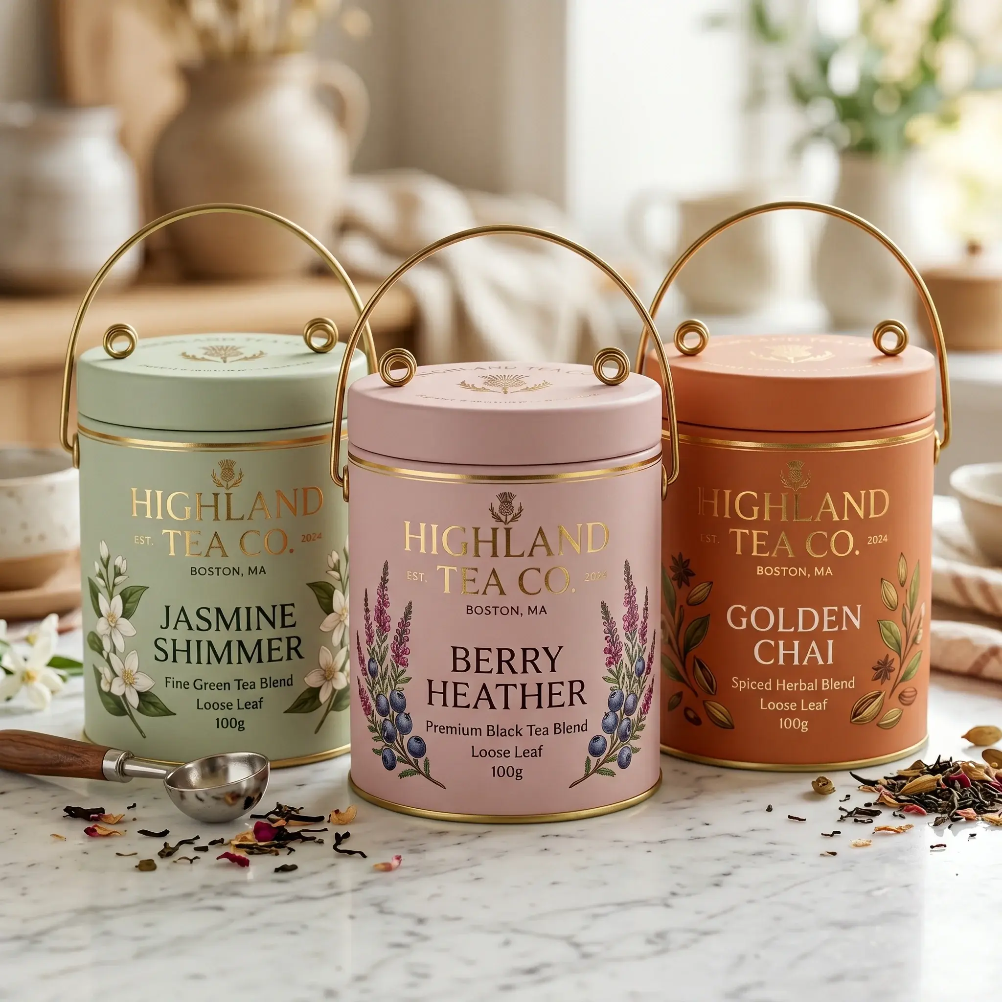 Three premium tea tins with gold handles displaying Highland Tea Co. flavors - mint green Jasmine Shimmer, pink Berry Heather, and orange Golden Ch...