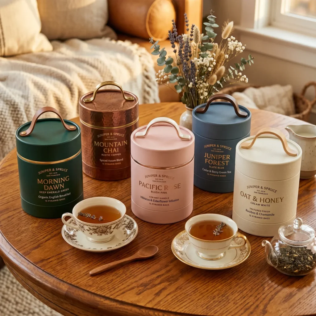 Elegant tea packaging containers in copper, green, pink, blue and cream colors with leather handles on wooden table with teacups