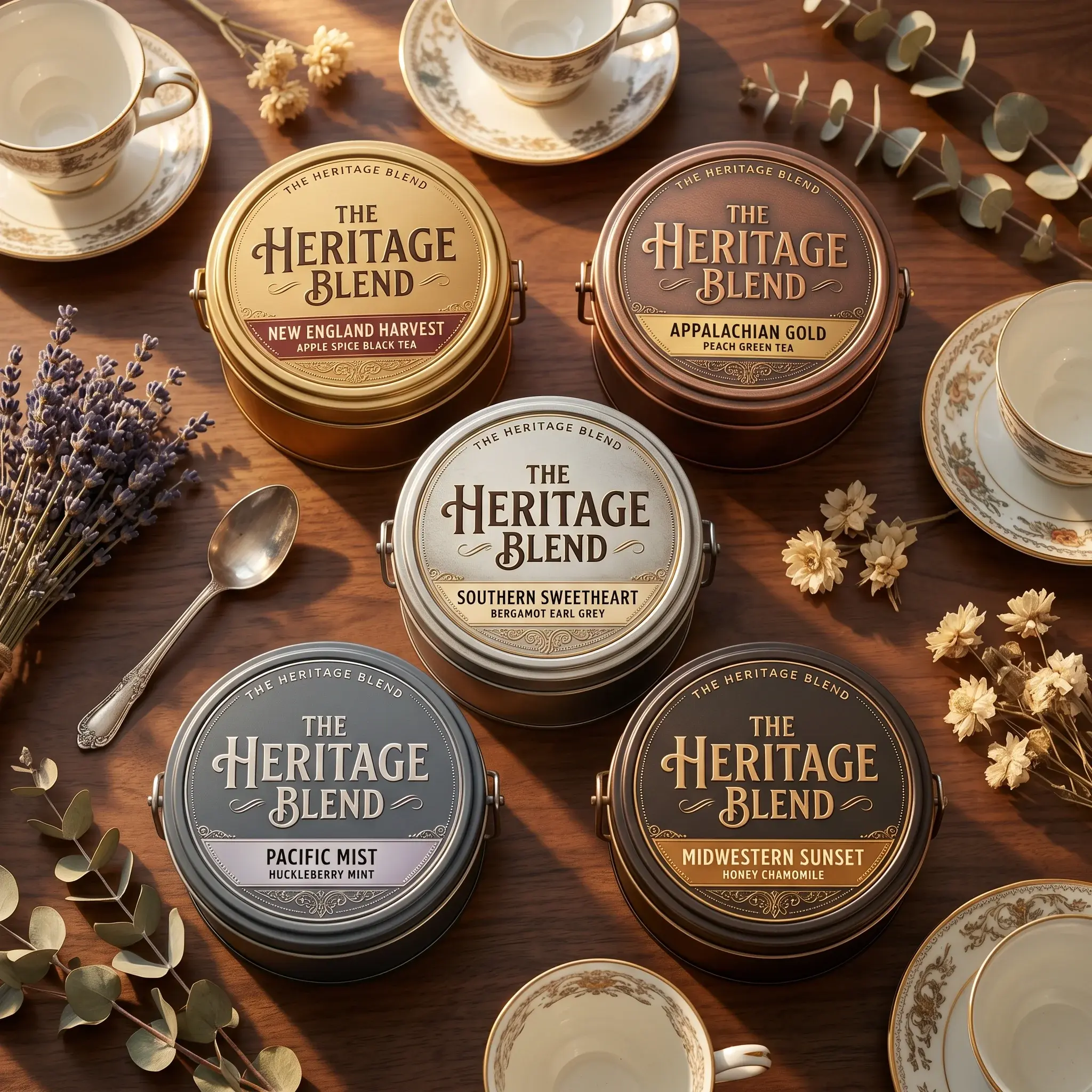 Five Heritage Blend tea tins in gold, copper, silver, charcoal, and bronze arranged on wood table with vintage teacups and dried flowers