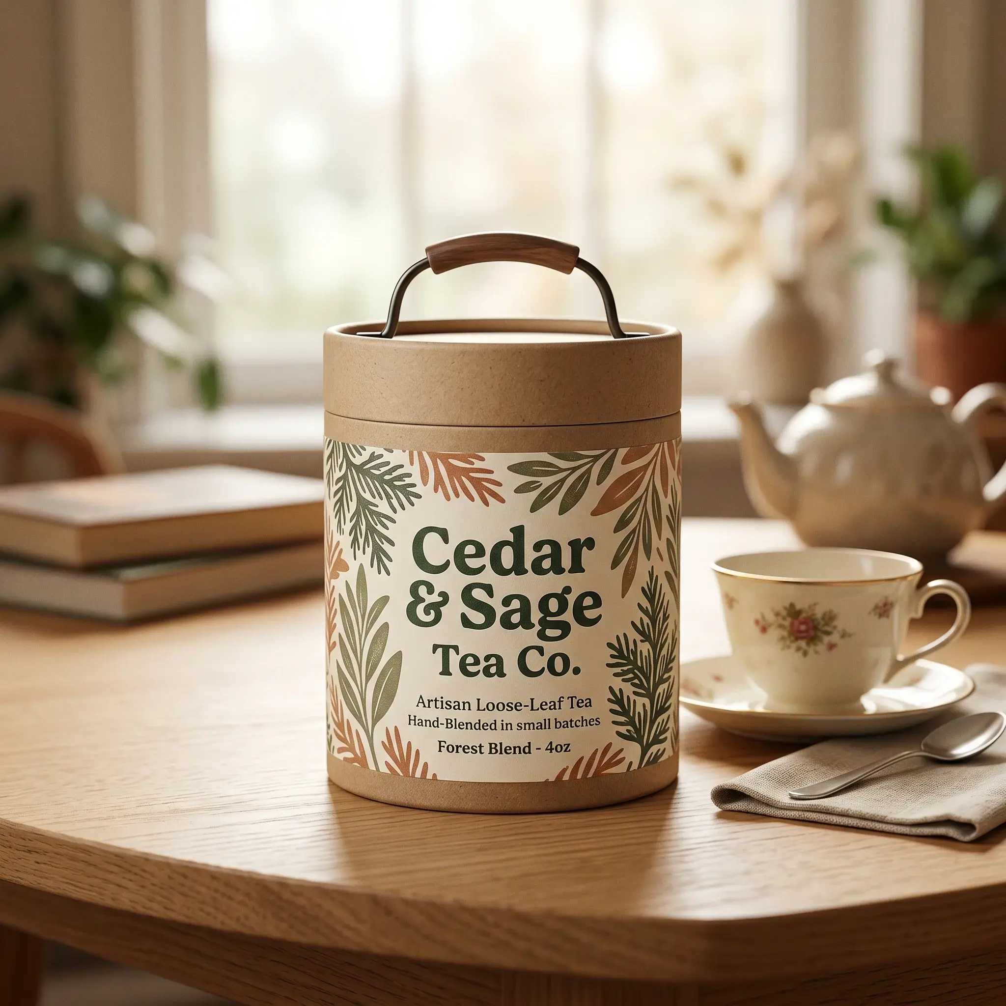 Cedar & Sage Tea Co. artisan loose-leaf tea canister with botanical leaf design on wooden table beside vintage teacup in warm sunlit kitchen