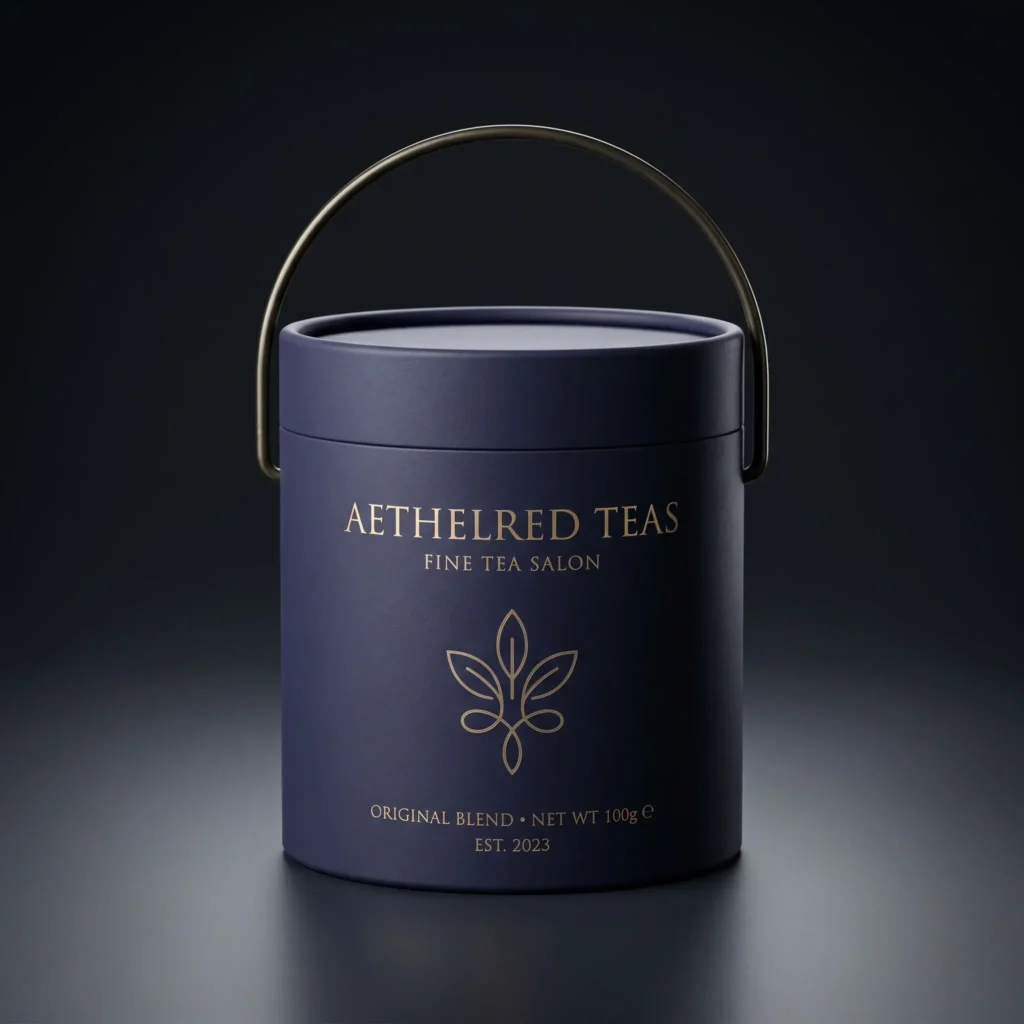 Elegant navy blue cylindrical tea packaging container with brass handle and gold Aethelred Teas branding on dark gradient background