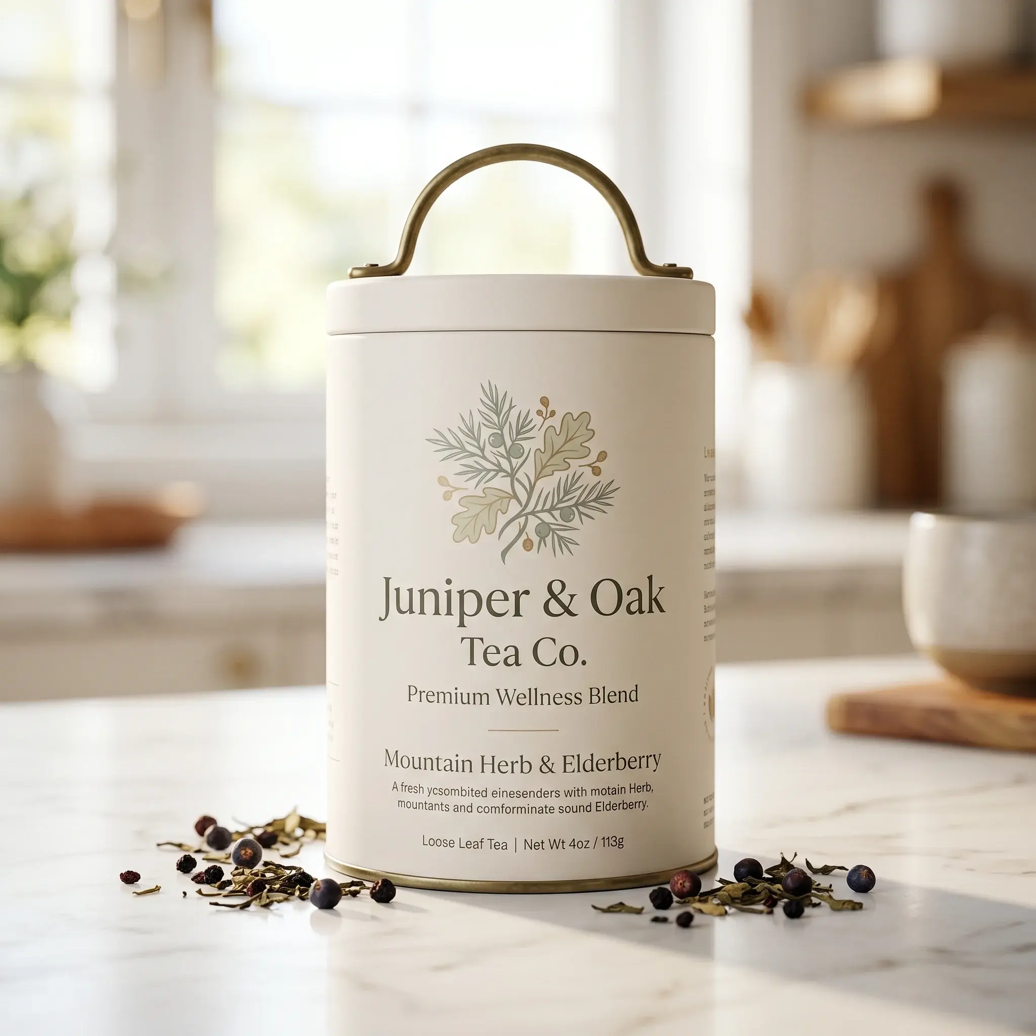 White cylindrical tea packaging container with brass handle displaying Juniper & Oak Tea Co. Mountain Herb & Elderberry blend surrounded by loose t...