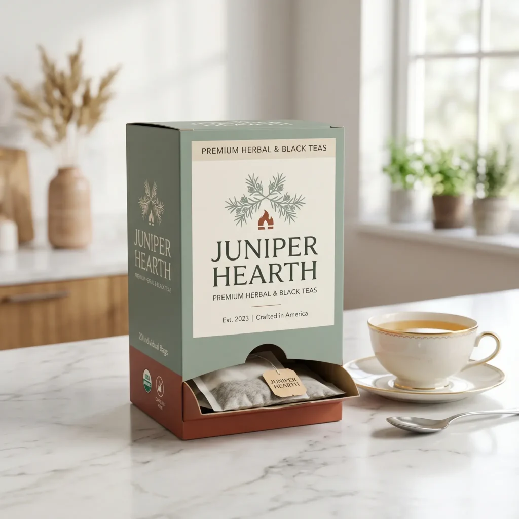 Juniper Hearth premium herbal tea box with sage green packaging and tea bags on marble counter beside elegant teacup