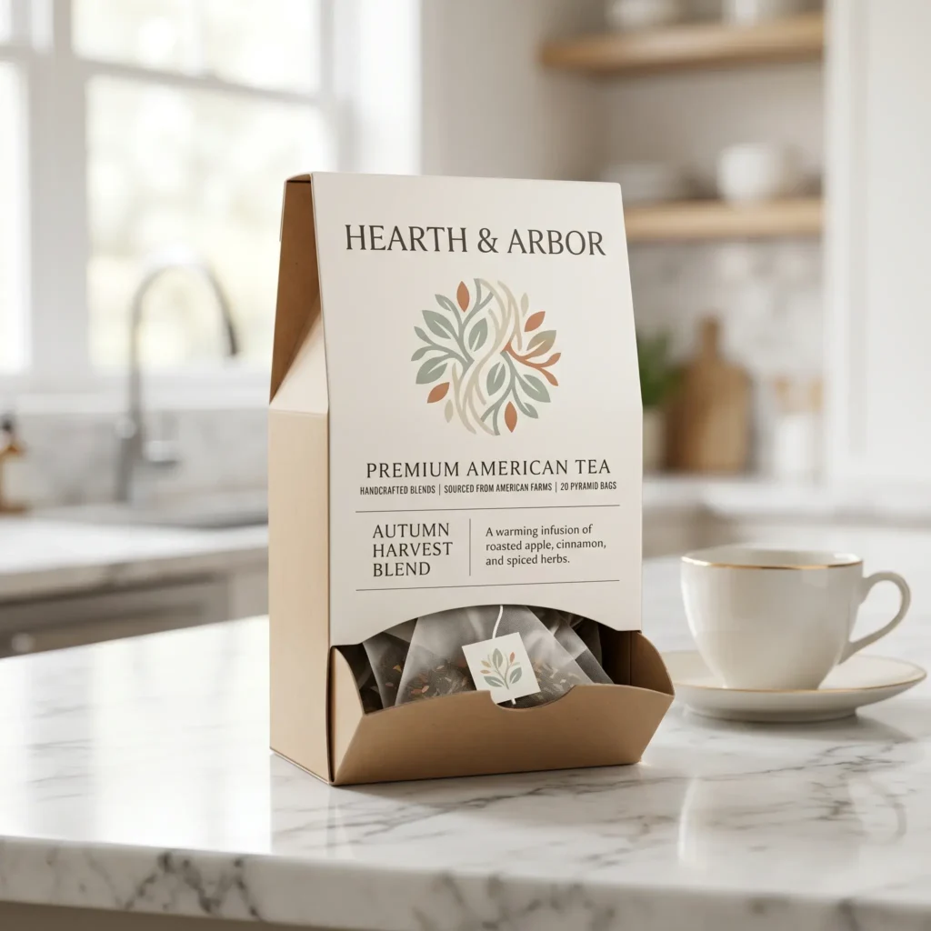 Premium tea packaging box design for Hearth & Arbor Autumn Harvest Blend with elegant botanical logo on marble kitchen counter