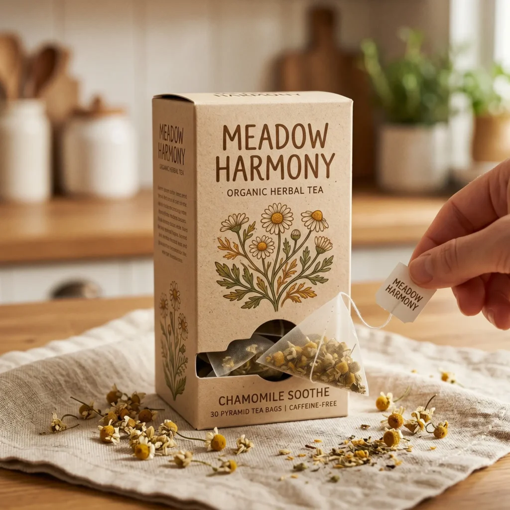Meadow Harmony organic chamomile herbal tea box with pyramid tea bags in warm kitchen setting with scattered dried flowers