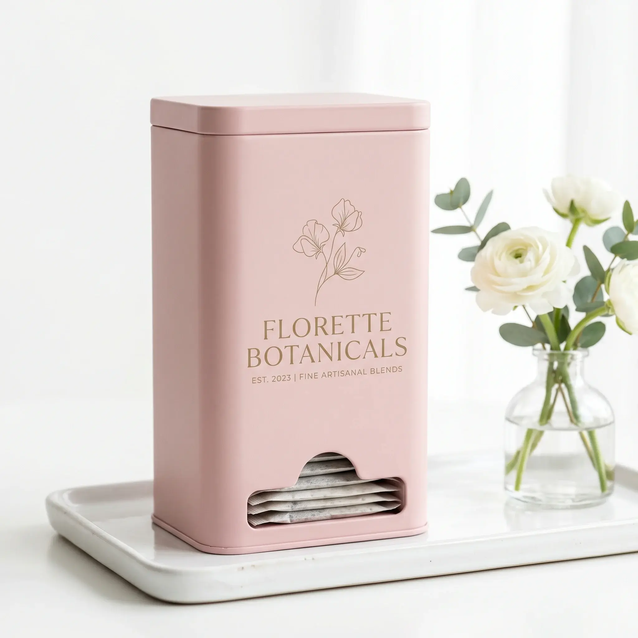 Pink tea packaging dispenser with botanical branding on marble tray next to white flowers in glass vase