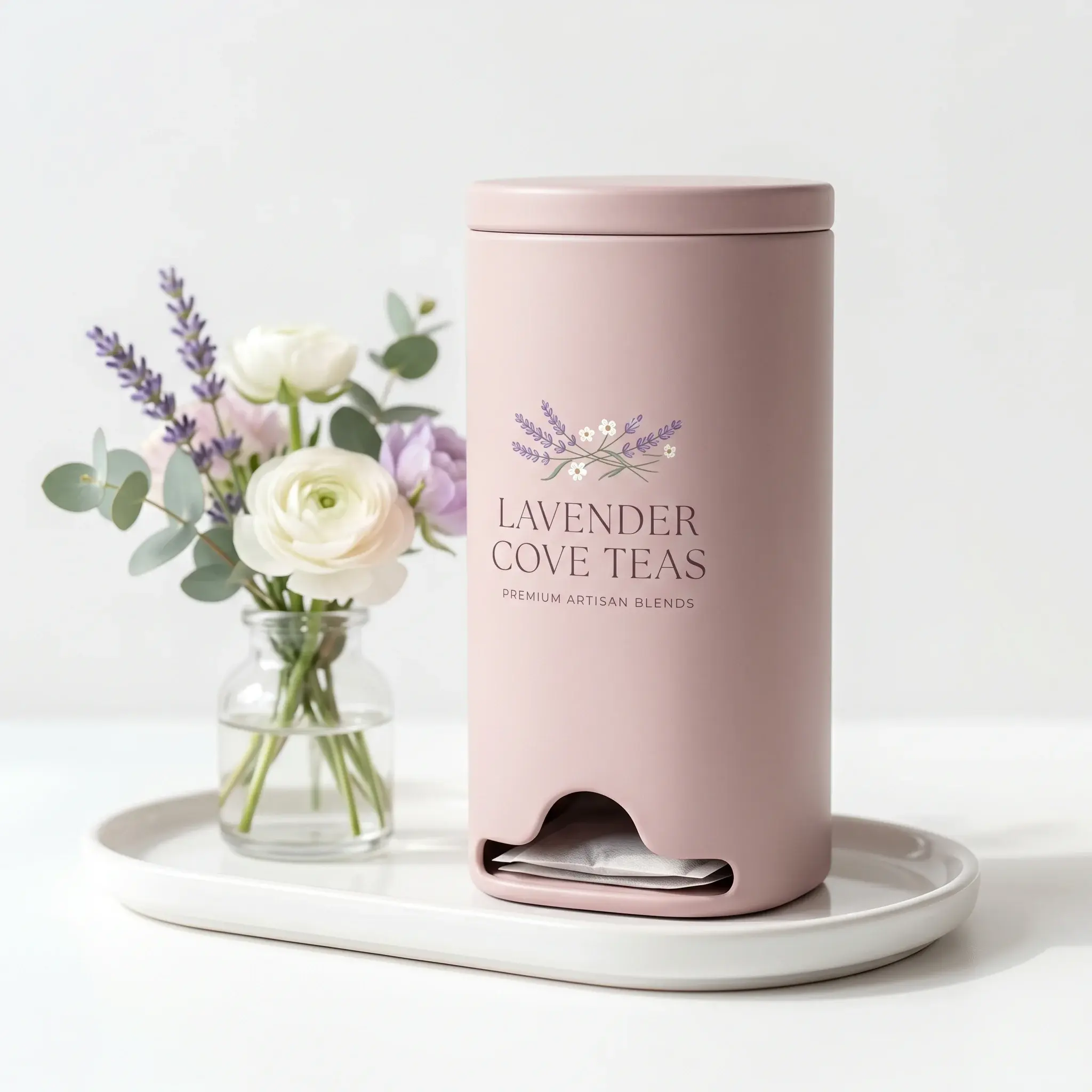 Pink cylindrical tea packaging container with Lavender Cove Teas branding next to white and purple flowers on marble tray