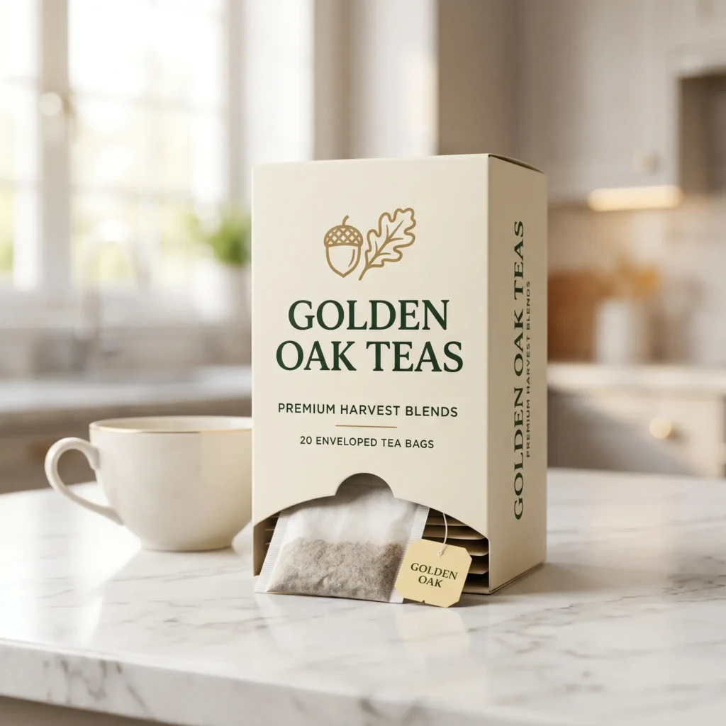 Premium Golden Oak Teas box with acorn logo on white marble counter, tea bag visible, cream mug nearby in bright kitchen