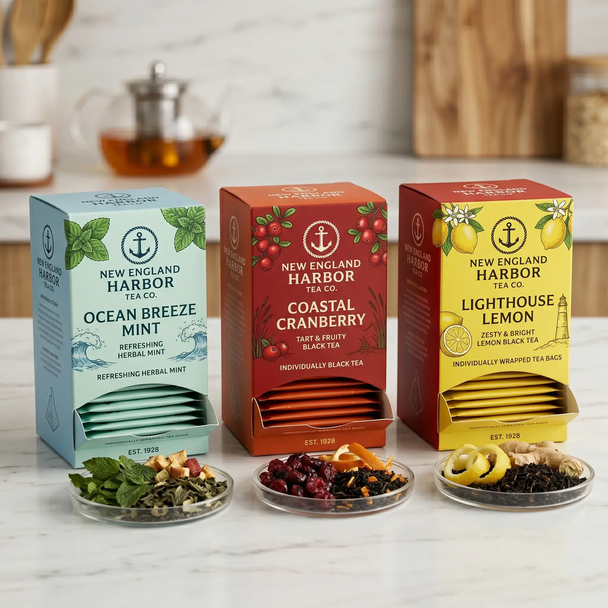 Three New England Harbor Tea Co. boxes in mint green, cranberry red, and lemon yellow with tea blend samples displayed on white marble countertop i...