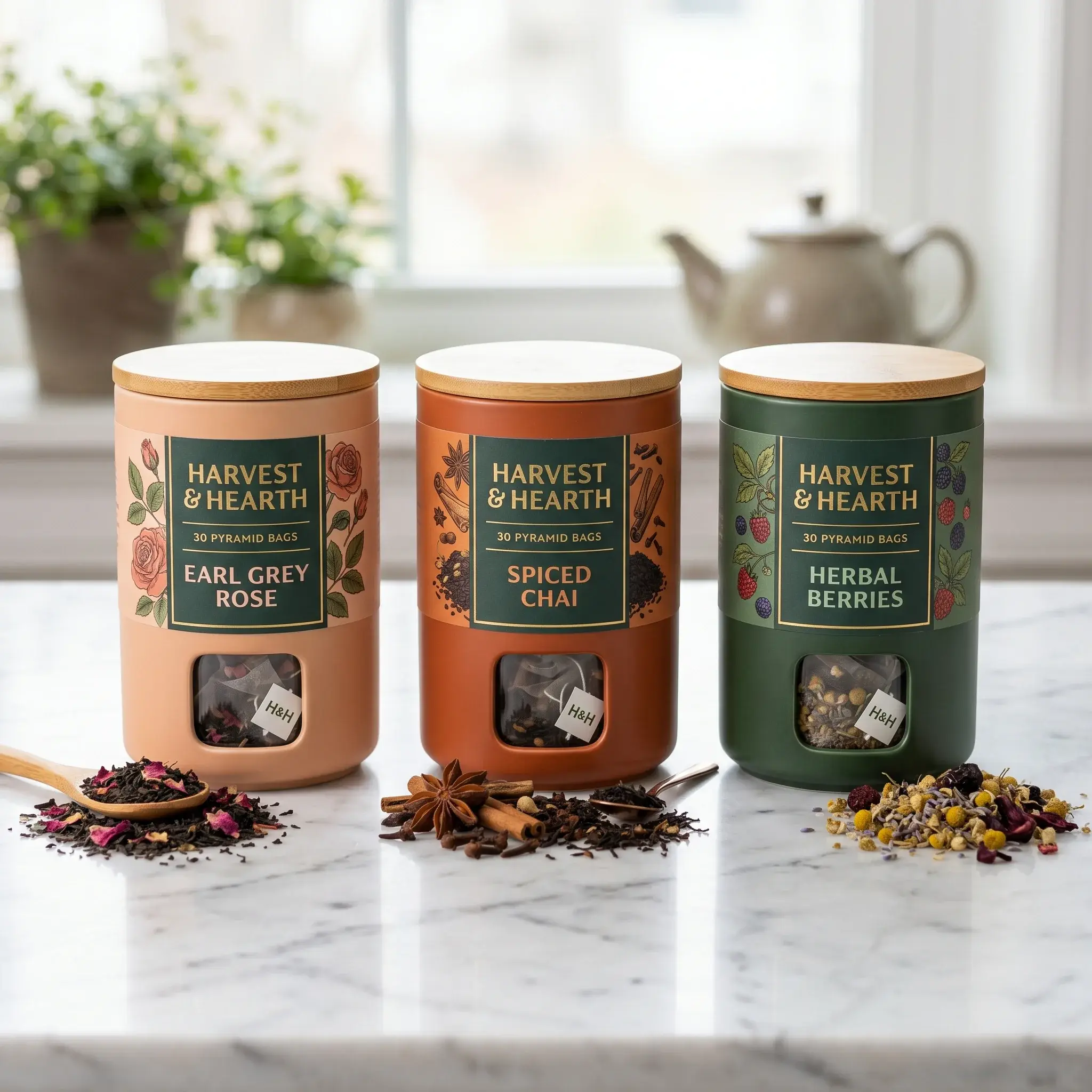 Three colorful Harvest & Hearth tea canisters with wooden lids displaying Earl Grey Rose, Spiced Chai, and Herbal Berries blends