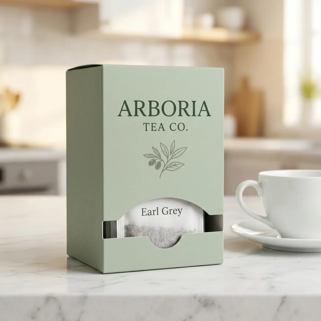 Sage green Earl Grey tea packaging box with window display on marble counter next to white teacup in modern kitchen