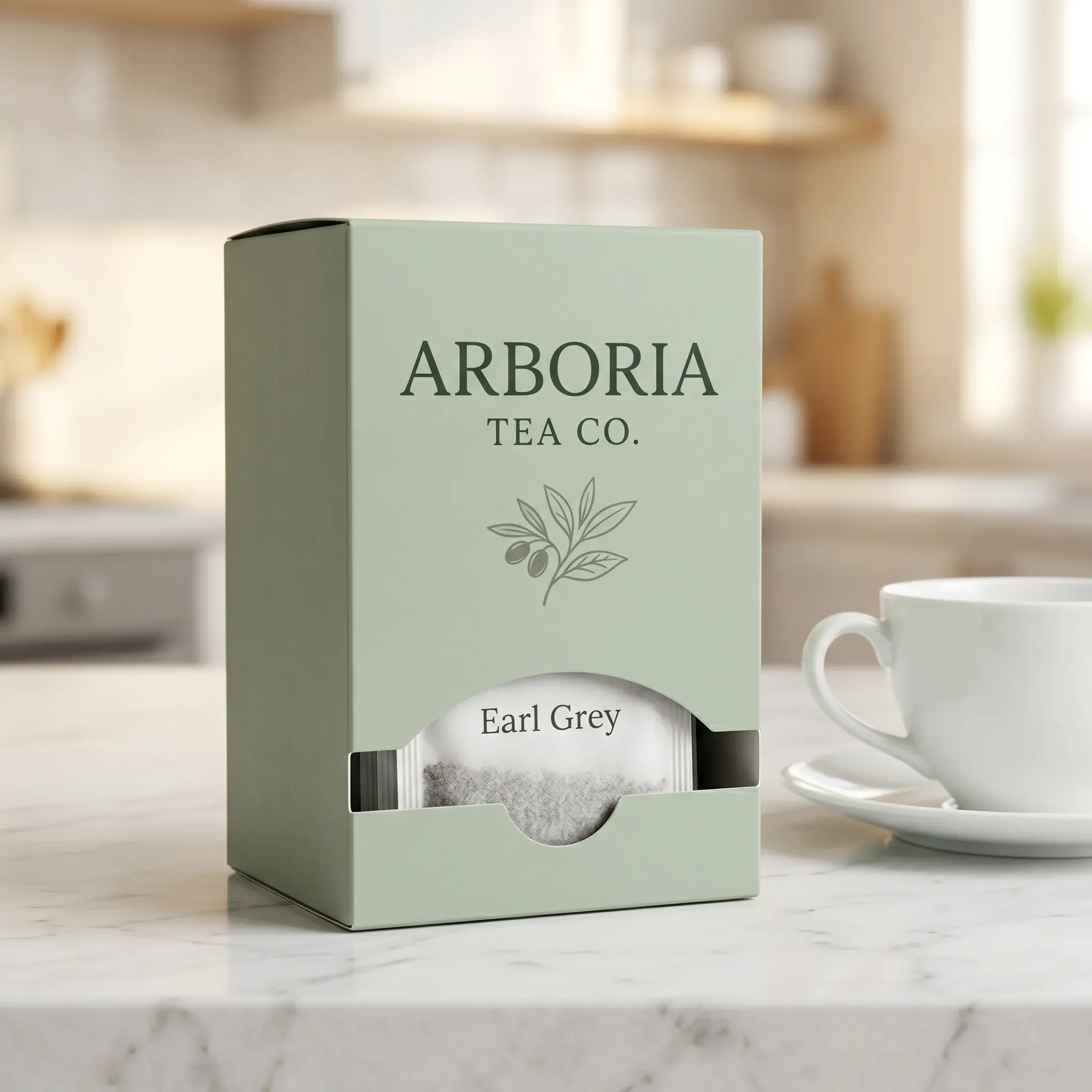 Sage green Earl Grey tea packaging box with window display on marble counter next to white teacup in modern kitchen